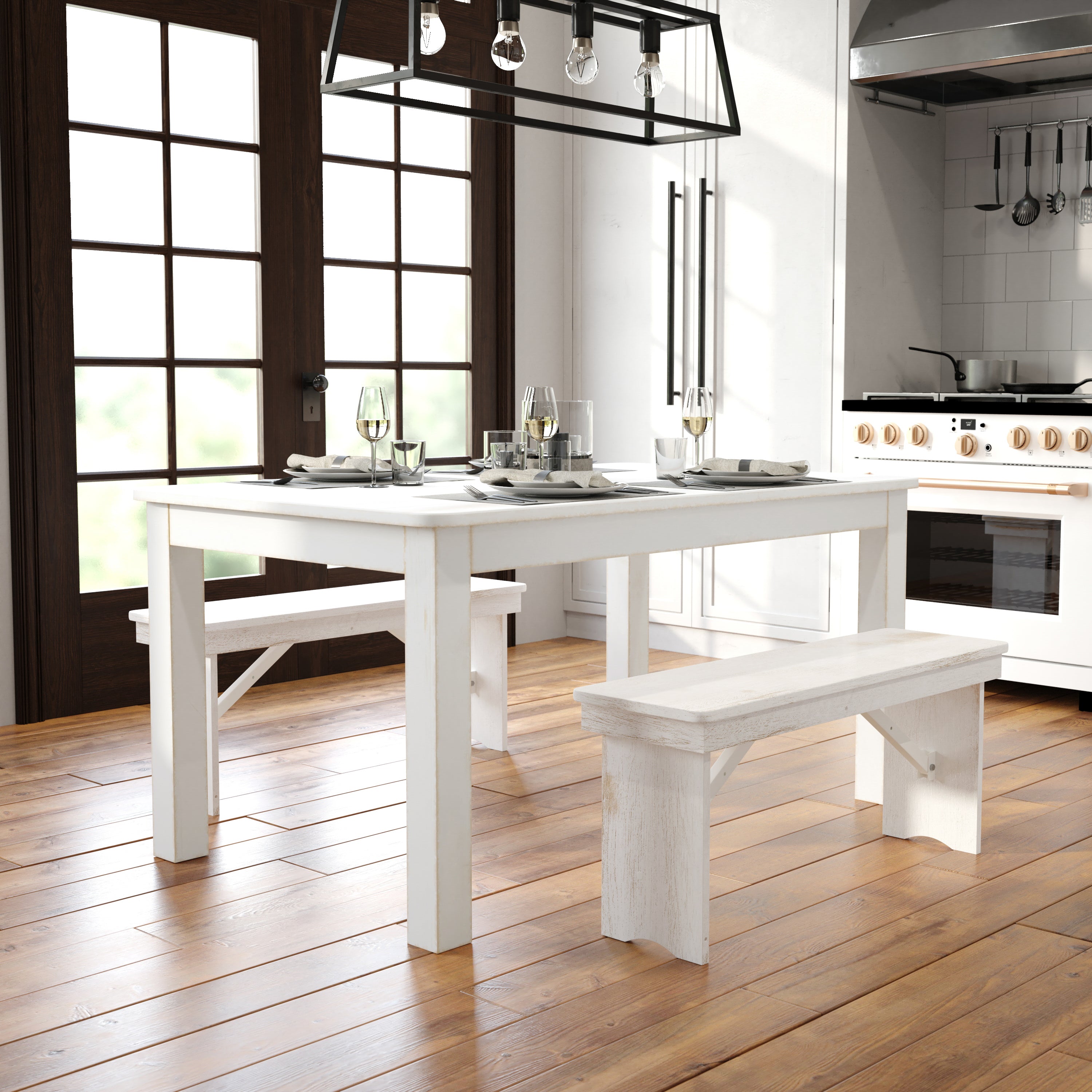 HERCULES Series 60" x 38" Rectangular Antique Rustic White Solid Pine Farm Dining Table