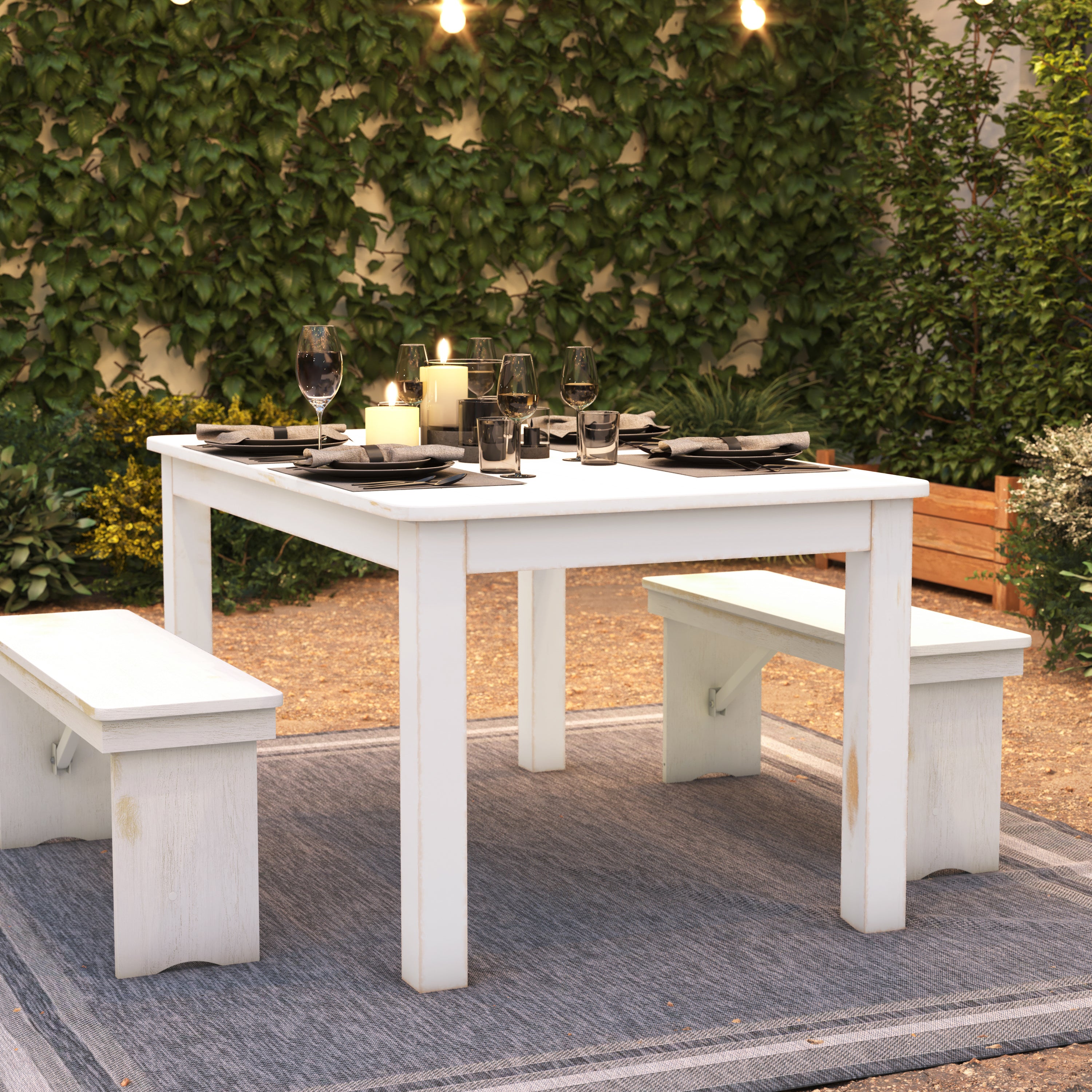HERCULES Series 60" x 38" Rectangular Antique Rustic White Solid Pine Farm Dining Table