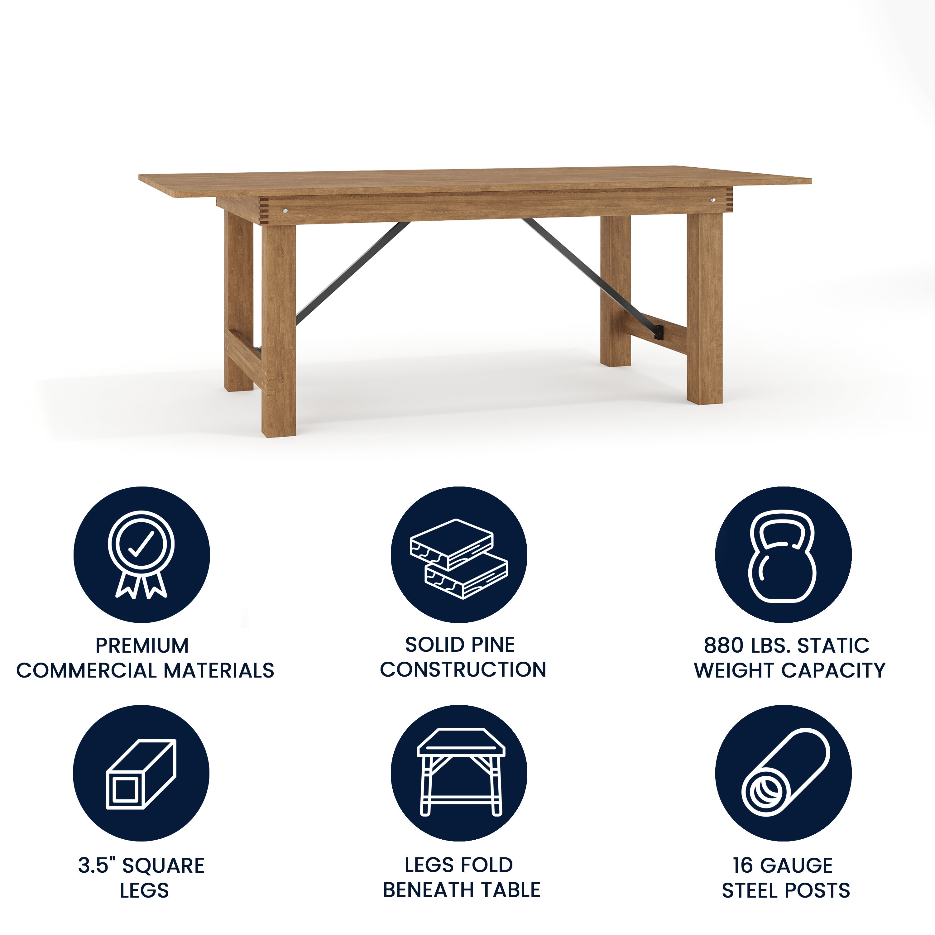 HERCULES Series 7' x 40" Rectangular Antique Rustic Solid Pine Folding Farm Table