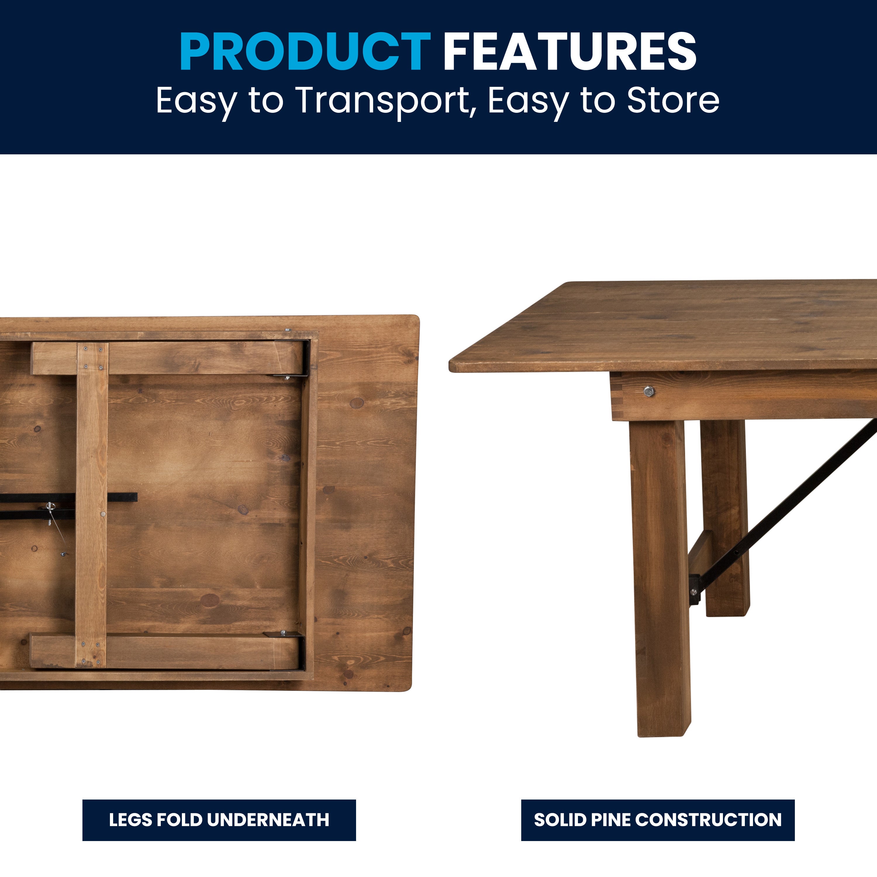 HERCULES Series 7' x 40" Rectangular Antique Rustic Solid Pine Folding Farm Table