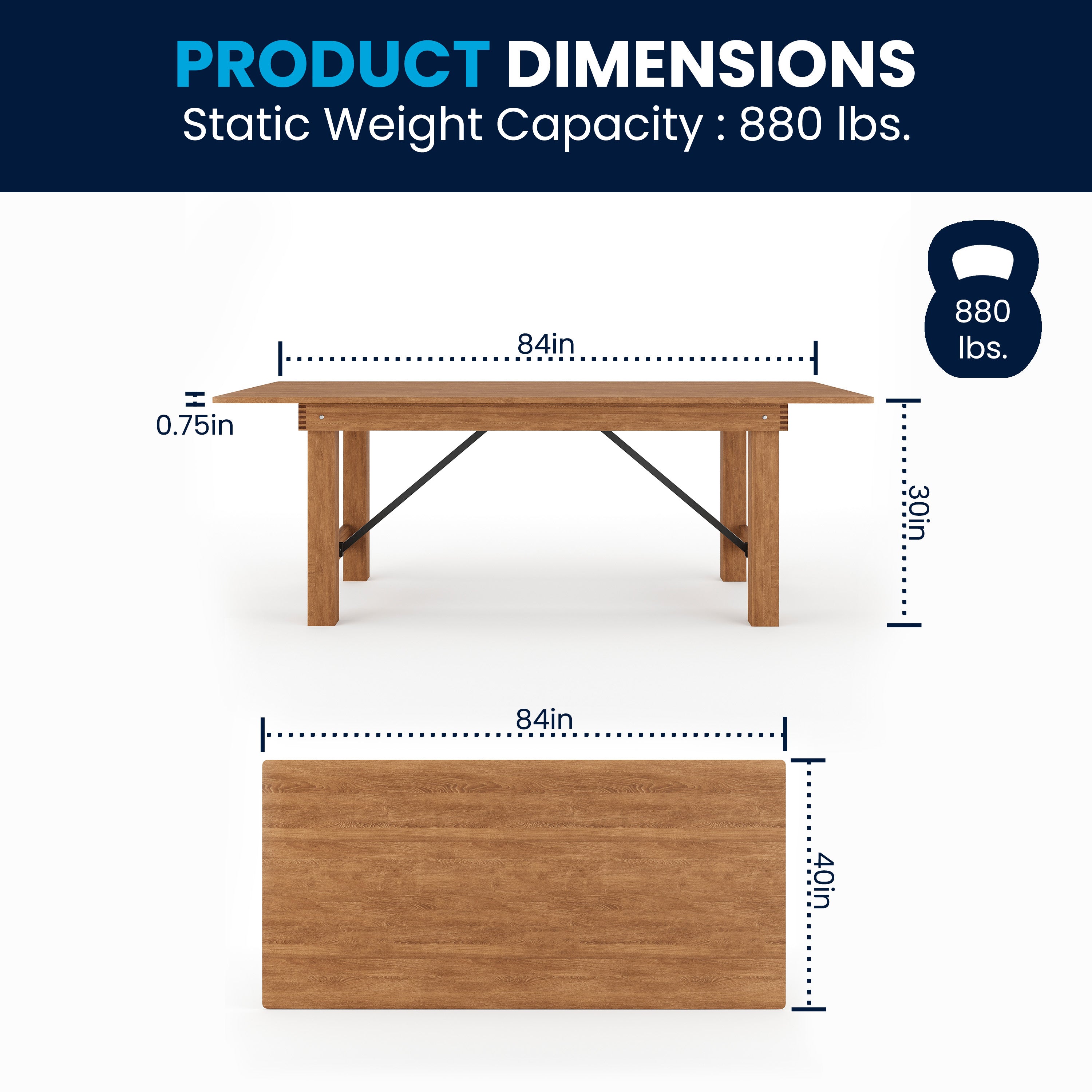 HERCULES Series 7' x 40" Rectangular Antique Rustic Solid Pine Folding Farm Table