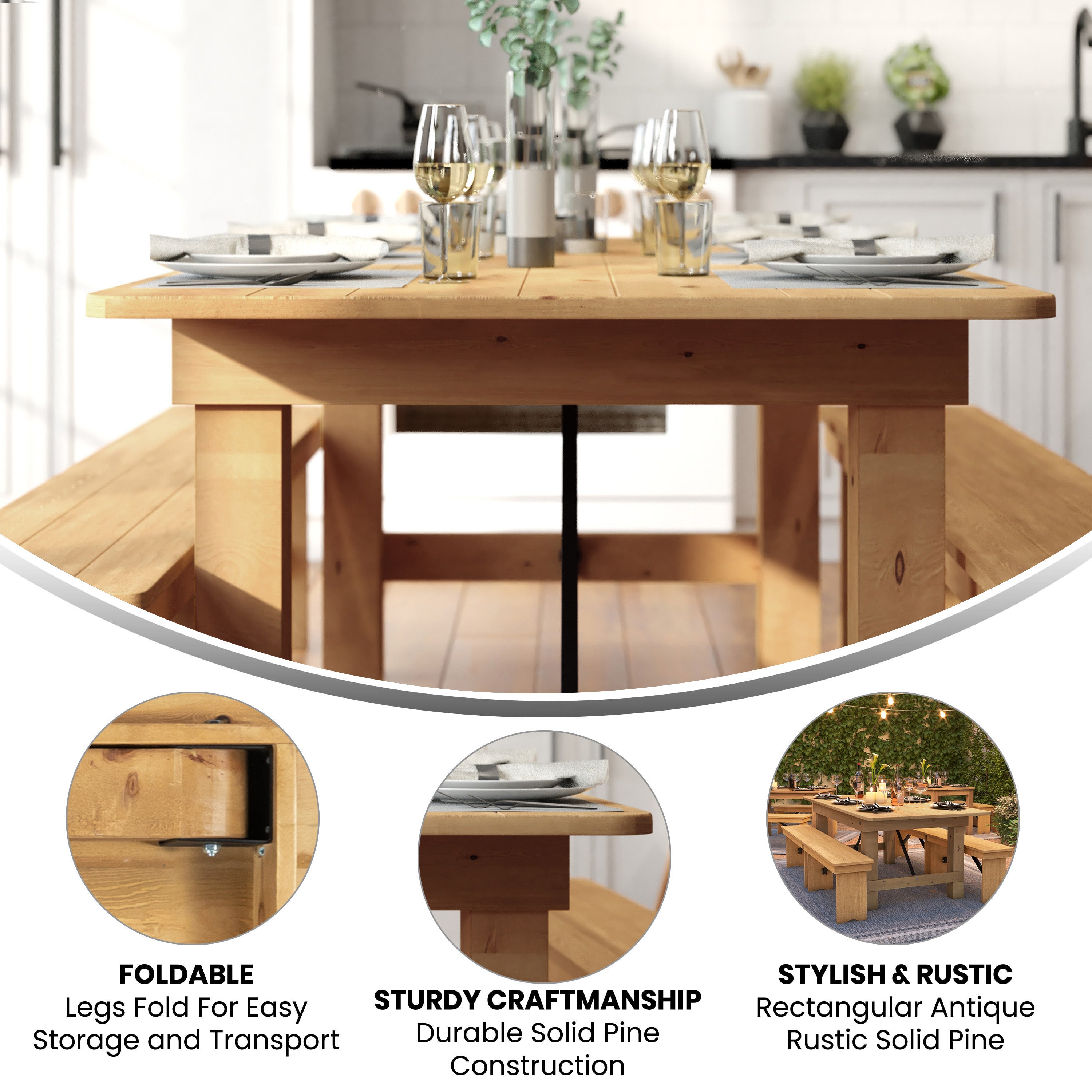 HERCULES 7' x 40" Rectangular Antique Rustic Light Natural Solid Pine Folding Farm Table