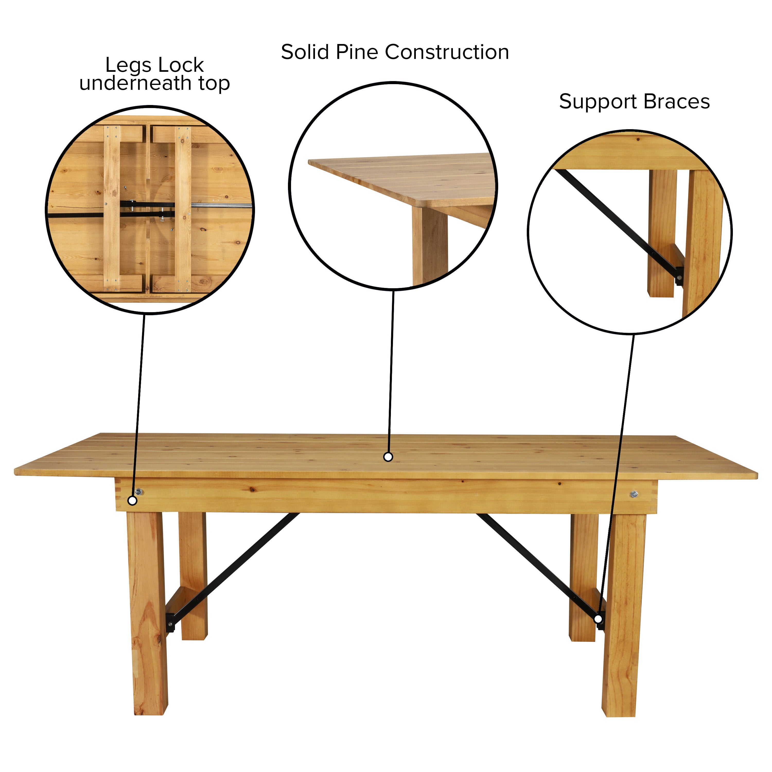 HERCULES 7' x 40" Rectangular Antique Rustic Light Natural Solid Pine Folding Farm Table