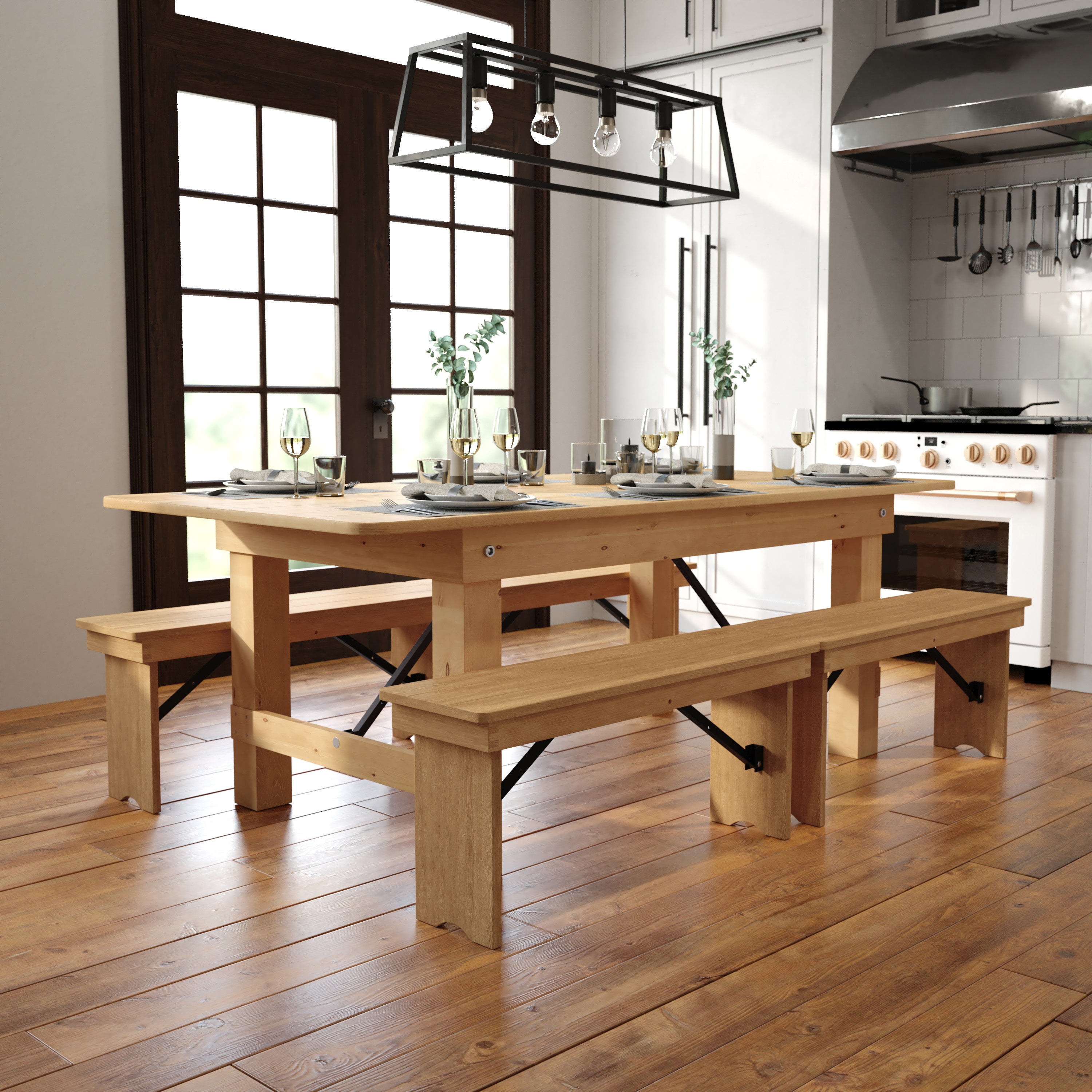 HERCULES 7' x 40" Rectangular Antique Rustic Light Natural Solid Pine Folding Farm Table