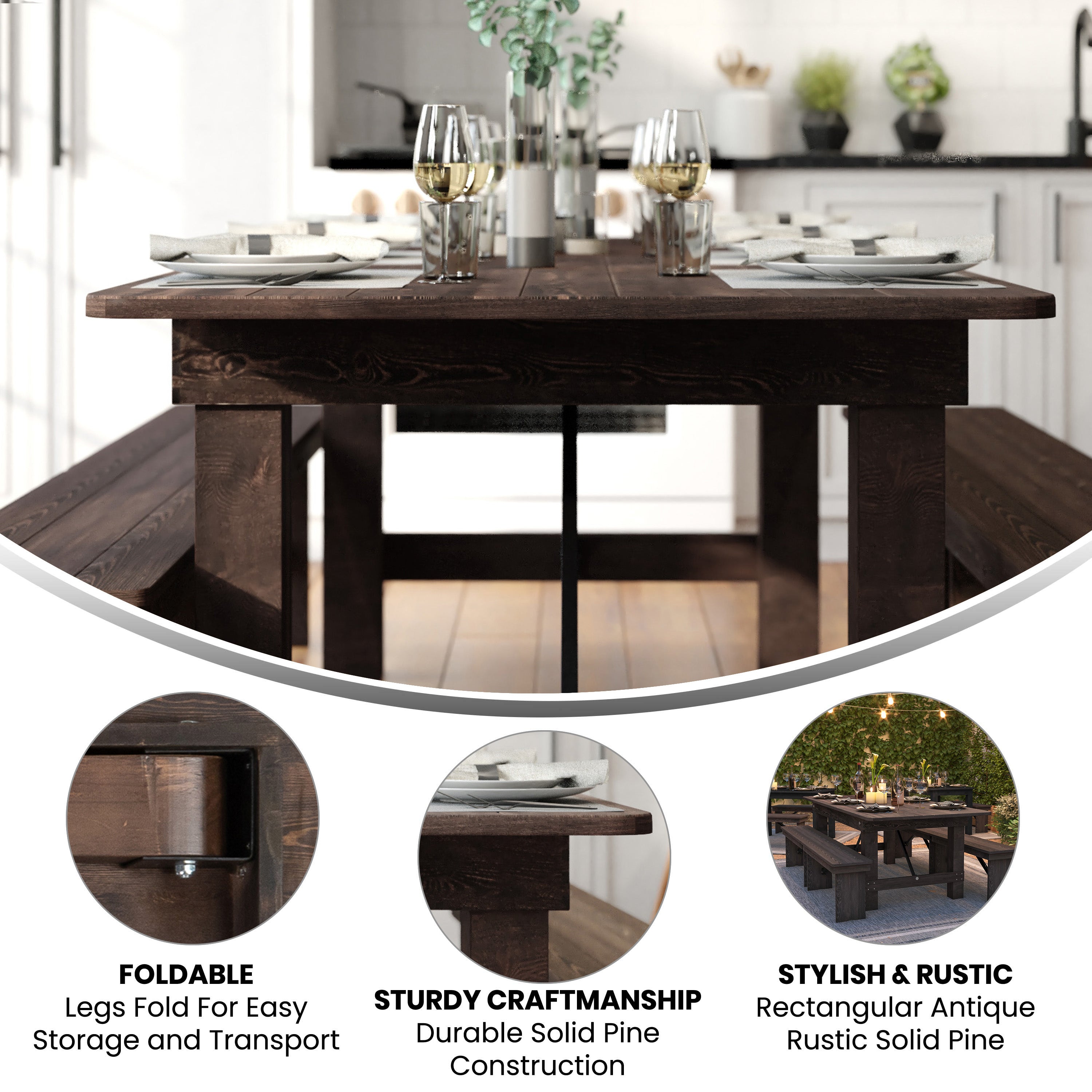 HERCULES 7' x 40" Rectangular Antique Rustic Mahogany Solid Pine Folding Farm Table