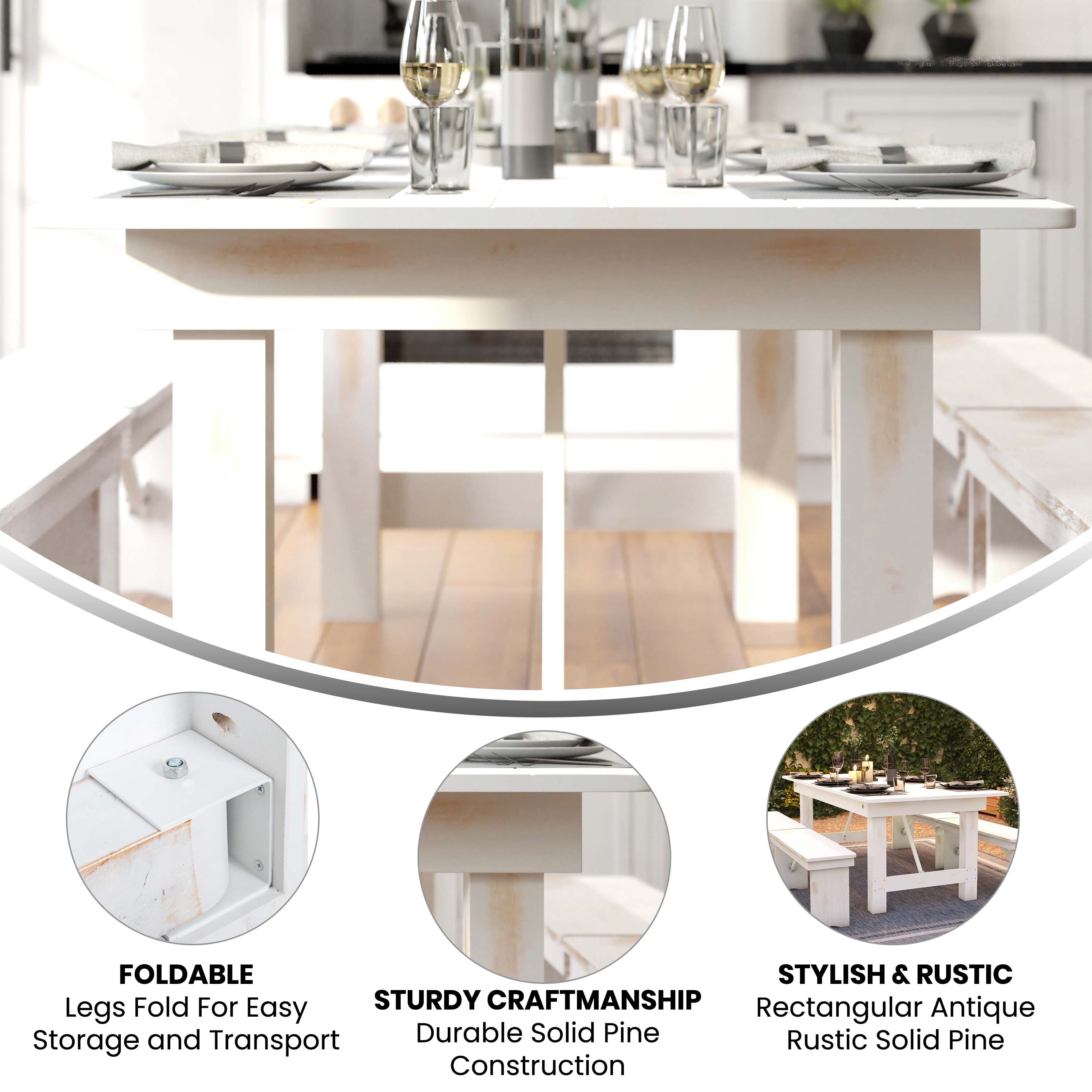 HERCULES Series 7' x 40" Rectangular Antique Rustic White Solid Pine Folding Farm Table