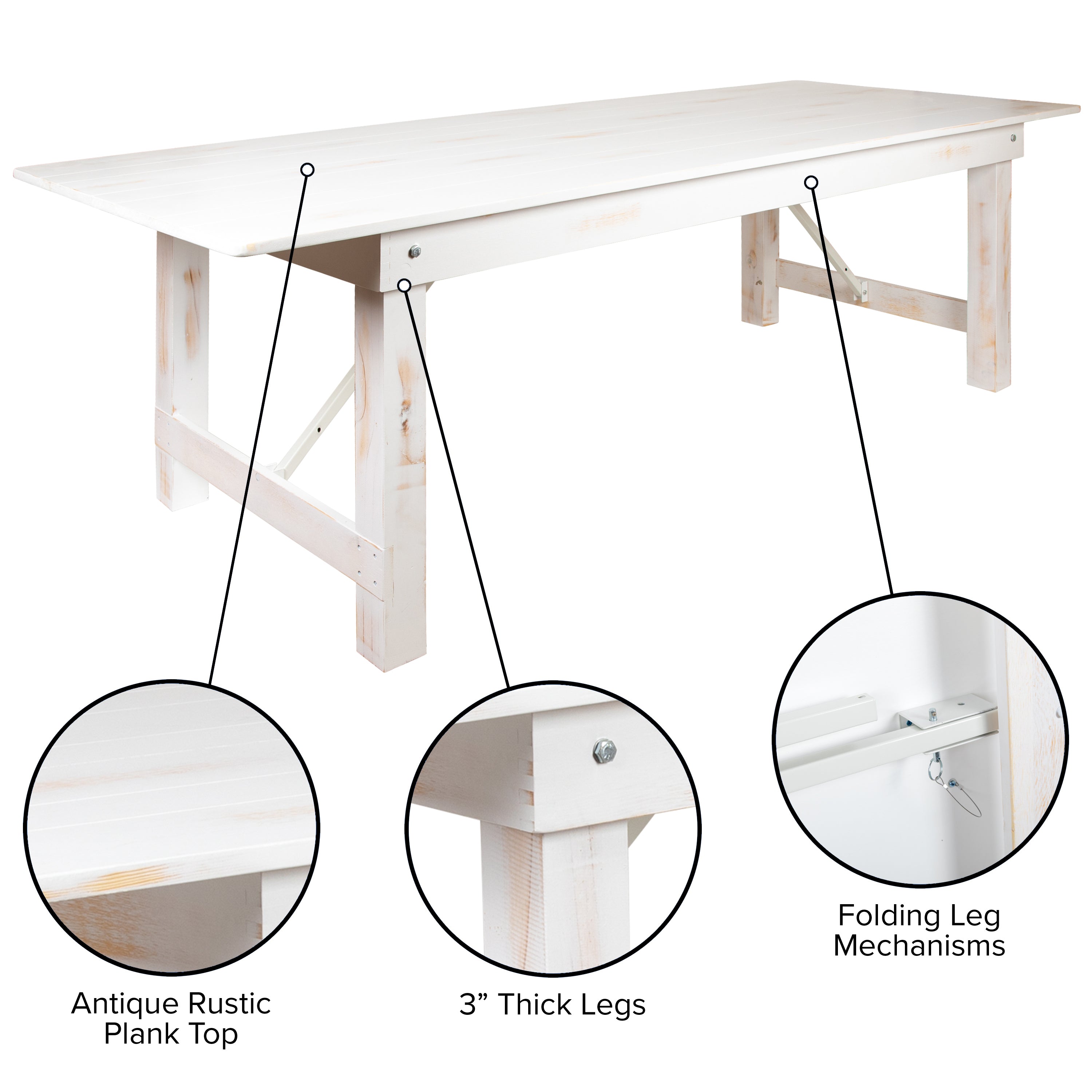 HERCULES Series 7' x 40" Rectangular Antique Rustic White Solid Pine Folding Farm Table