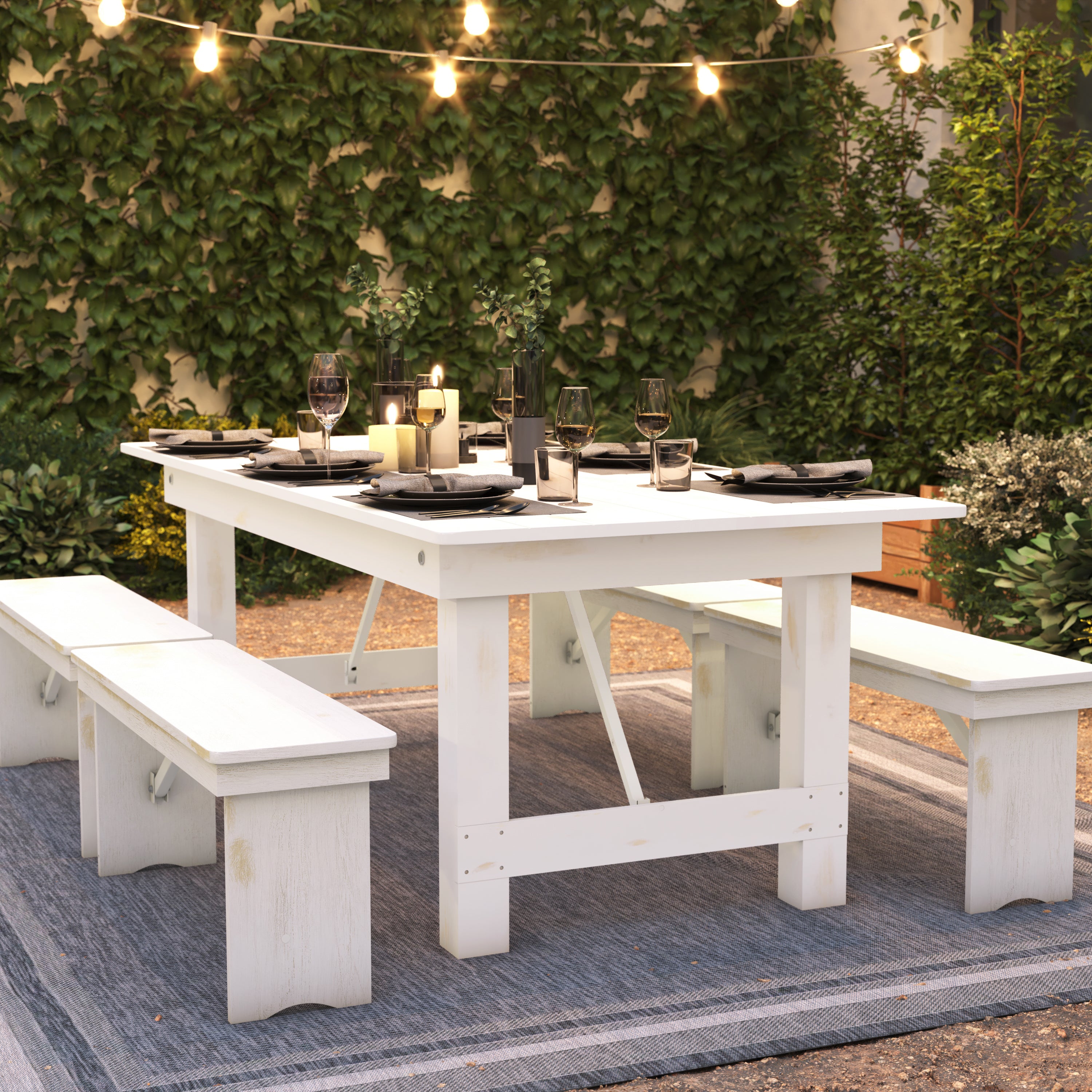 HERCULES Series 7' x 40" Rectangular Antique Rustic White Solid Pine Folding Farm Table