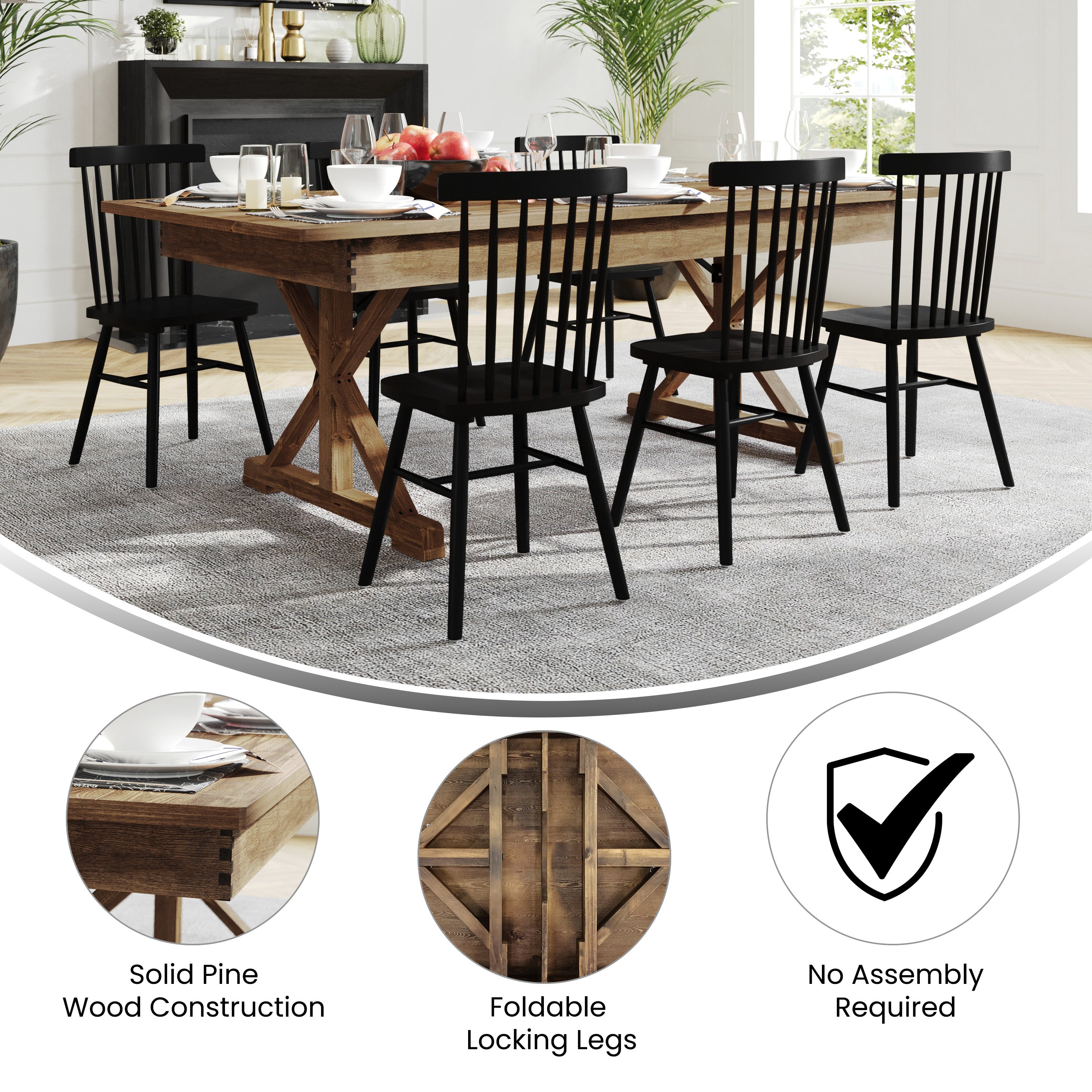 HERCULES 7' x 40" Rectangular Antique Rustic Solid Pine Folding Farm Table with X Legs