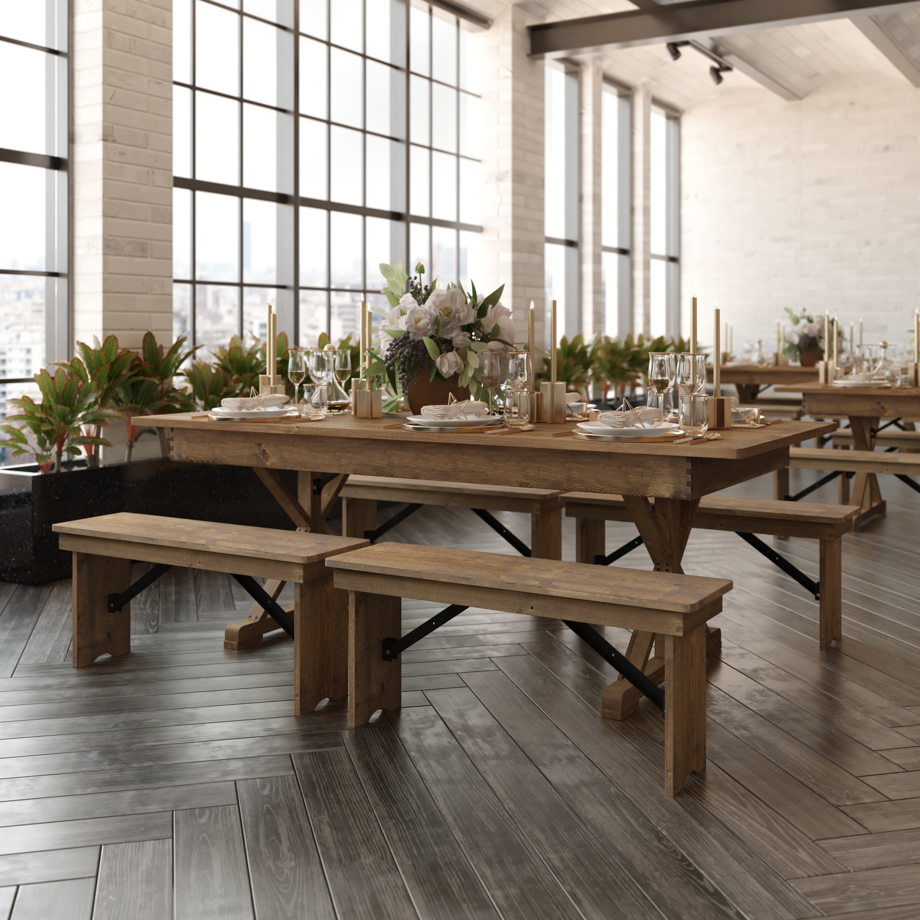 HERCULES 7' x 40" Rectangular Antique Rustic Solid Pine Folding Farm Table with X Legs