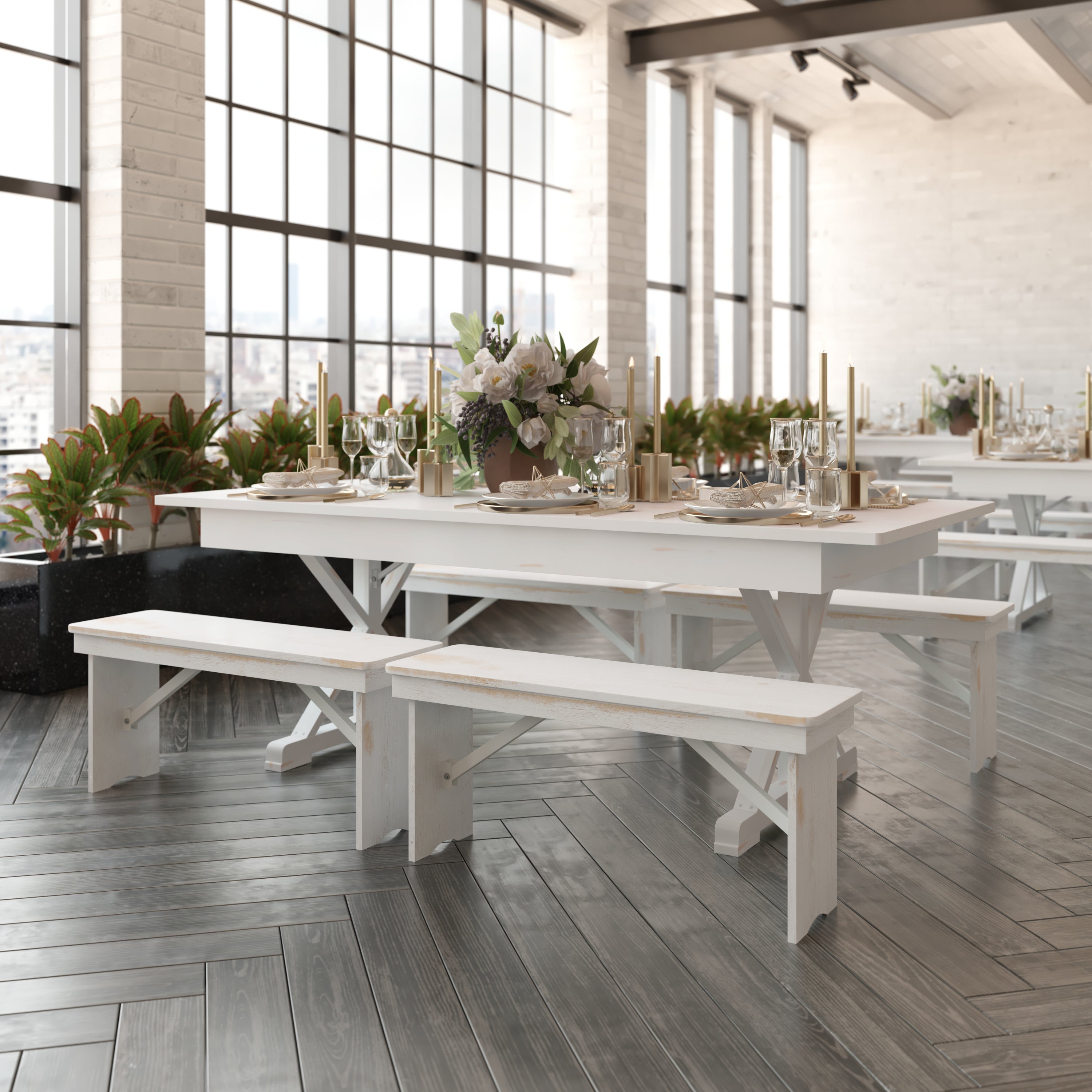 HERCULES 7' x 40" Rectangular Antique Rustic White Solid Pine Folding Farm Table with X Legs