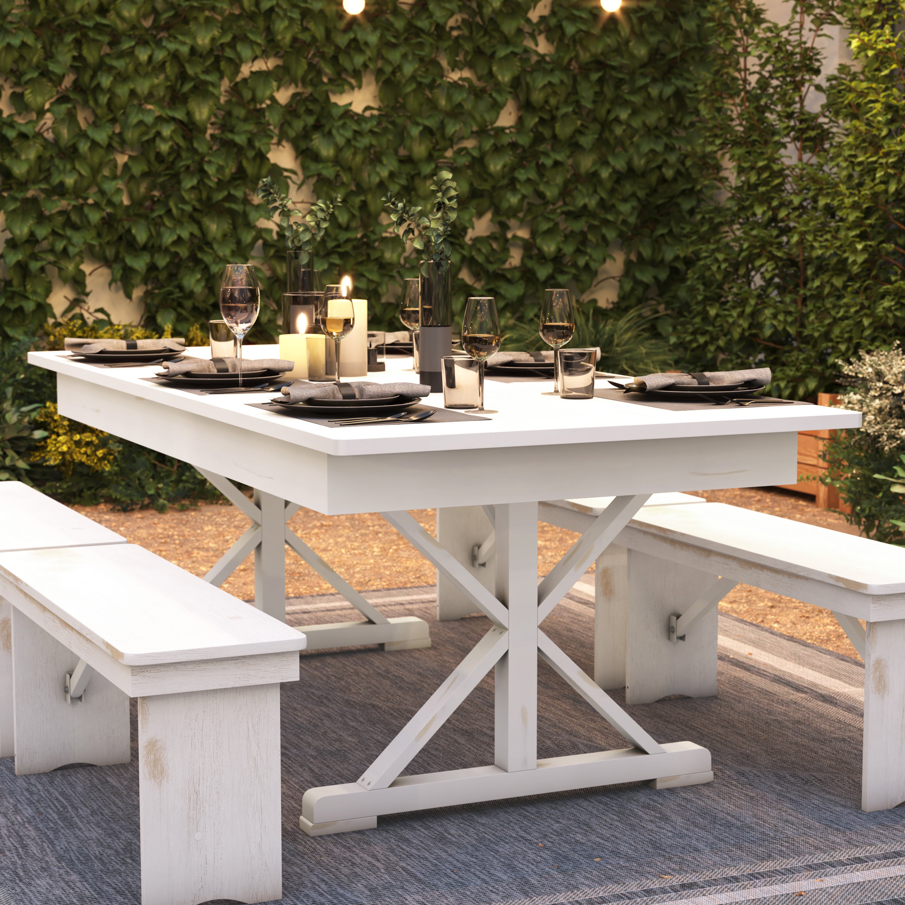 HERCULES 7' x 40" Rectangular Antique Rustic White Solid Pine Folding Farm Table with X Legs