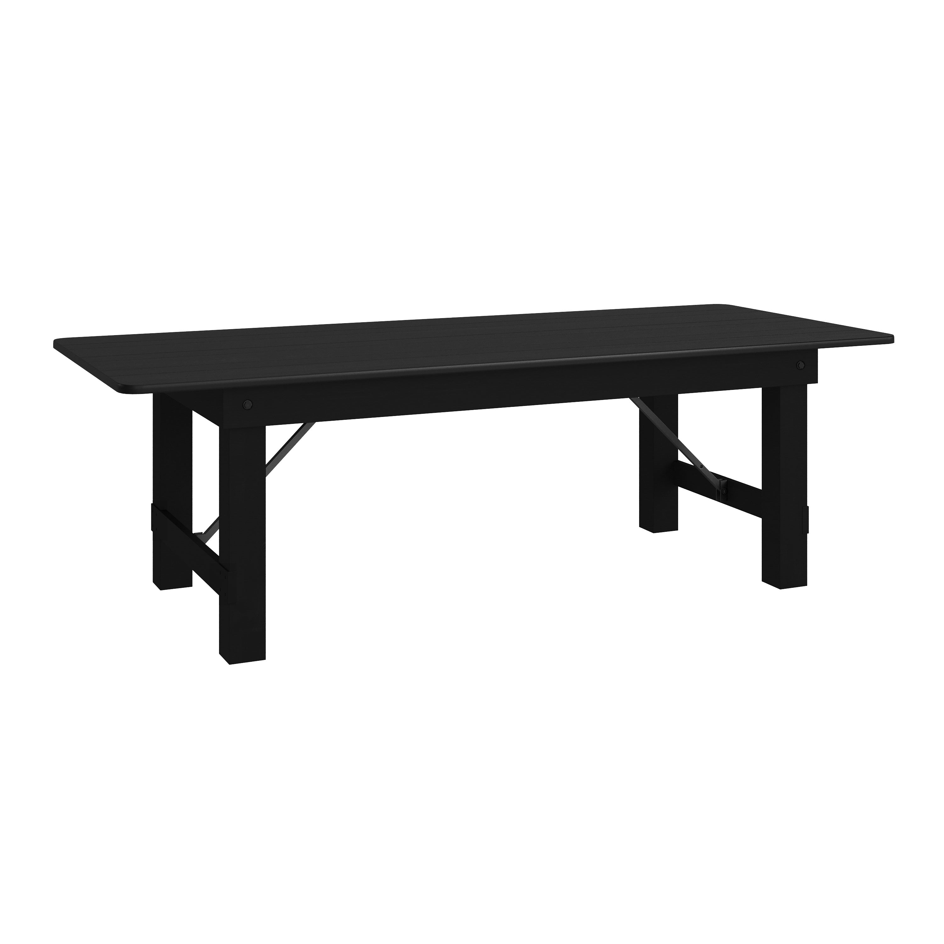 HERCULES 8' x 40" Rectangular Black Wash Commercial Farmhouse Folding Table, Antique Rustic Solid Pine Dining Room Table with Foldable Locking Legs
