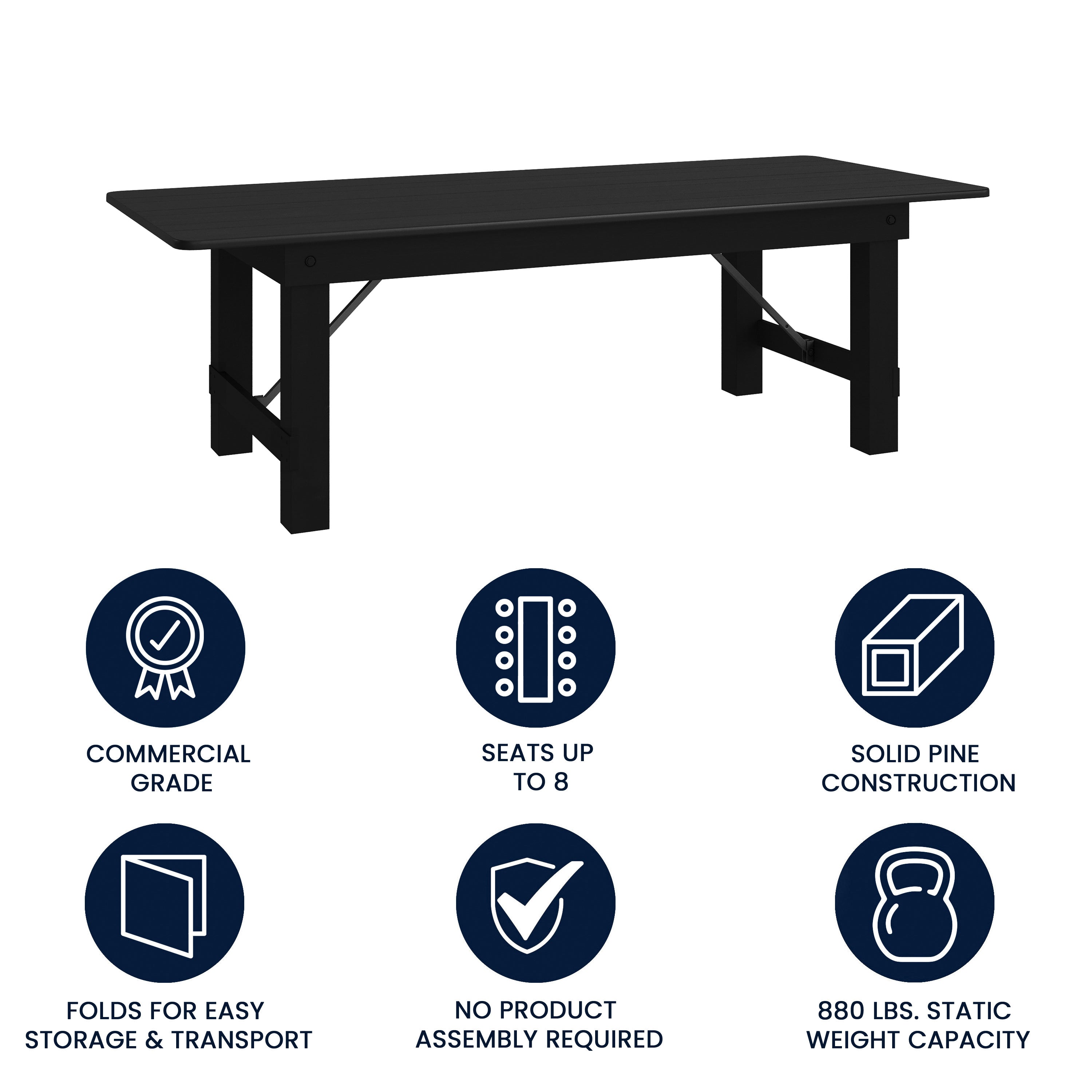 HERCULES 8' x 40" Rectangular Black Wash Commercial Farmhouse Folding Table, Antique Rustic Solid Pine Dining Room Table with Foldable Locking Legs
