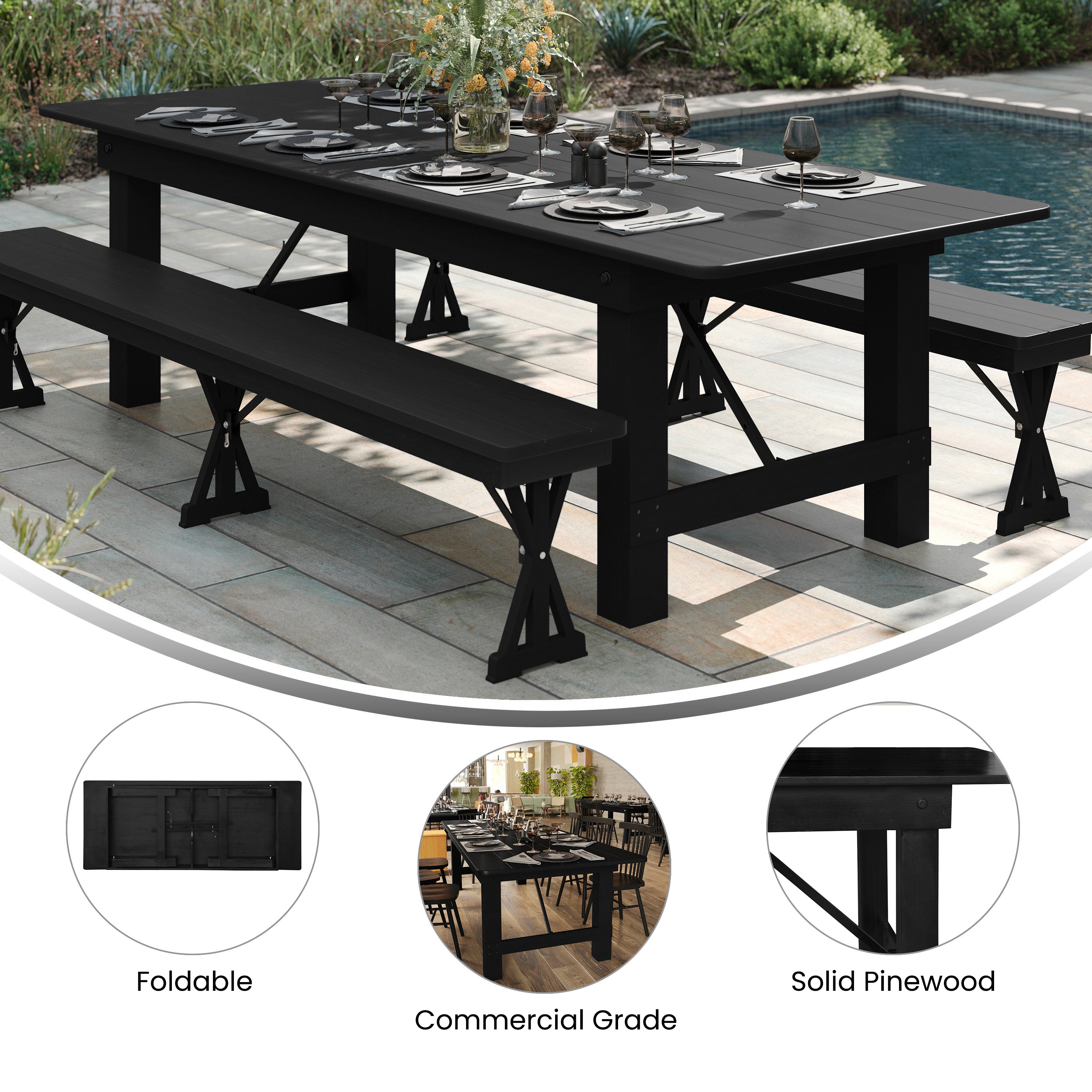 HERCULES 8' x 40" Rectangular Black Wash Commercial Farmhouse Folding Table, Antique Rustic Solid Pine Dining Room Table with Foldable Locking Legs
