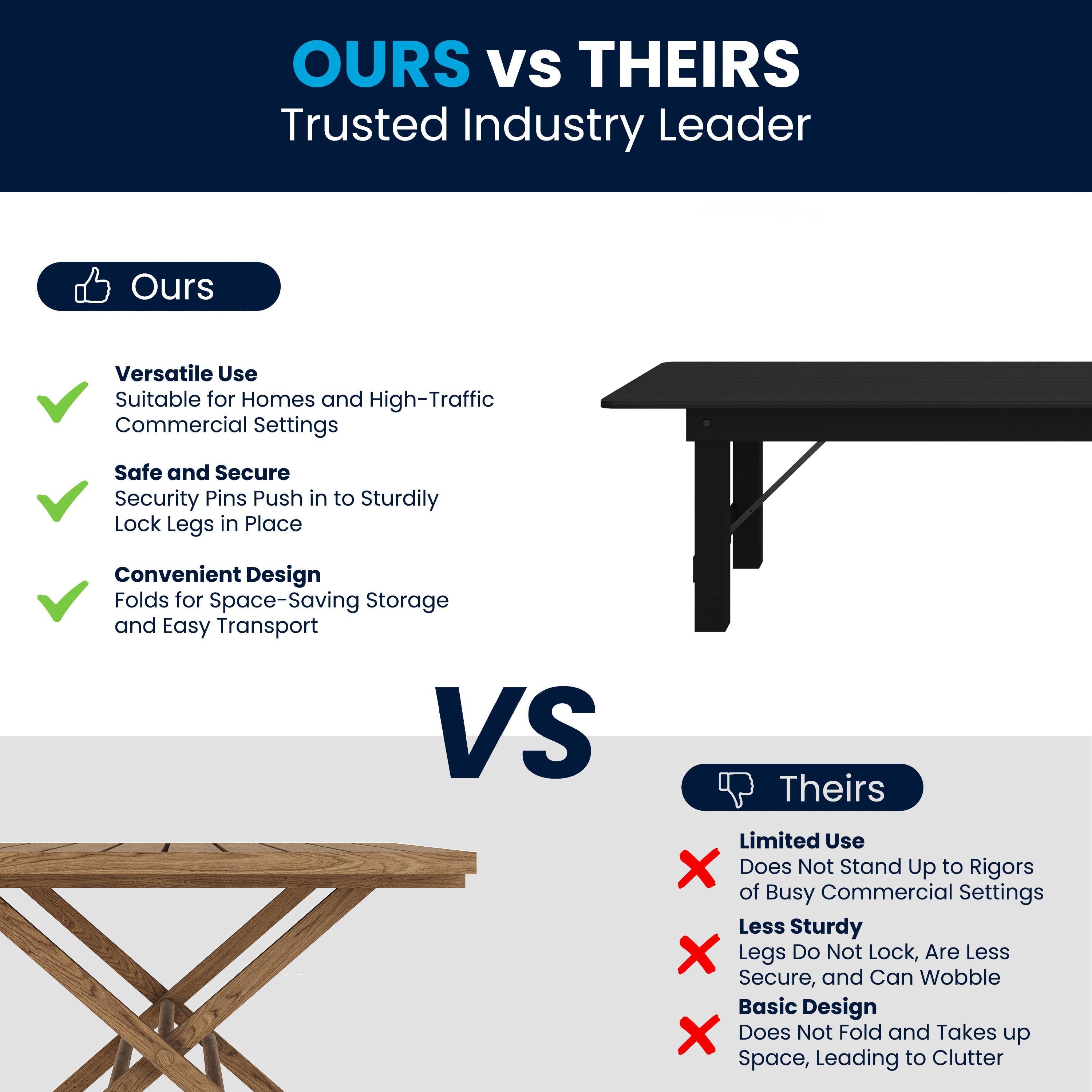 HERCULES 8' x 40" Rectangular Black Wash Commercial Farmhouse Folding Table, Antique Rustic Solid Pine Dining Room Table with Foldable Locking Legs