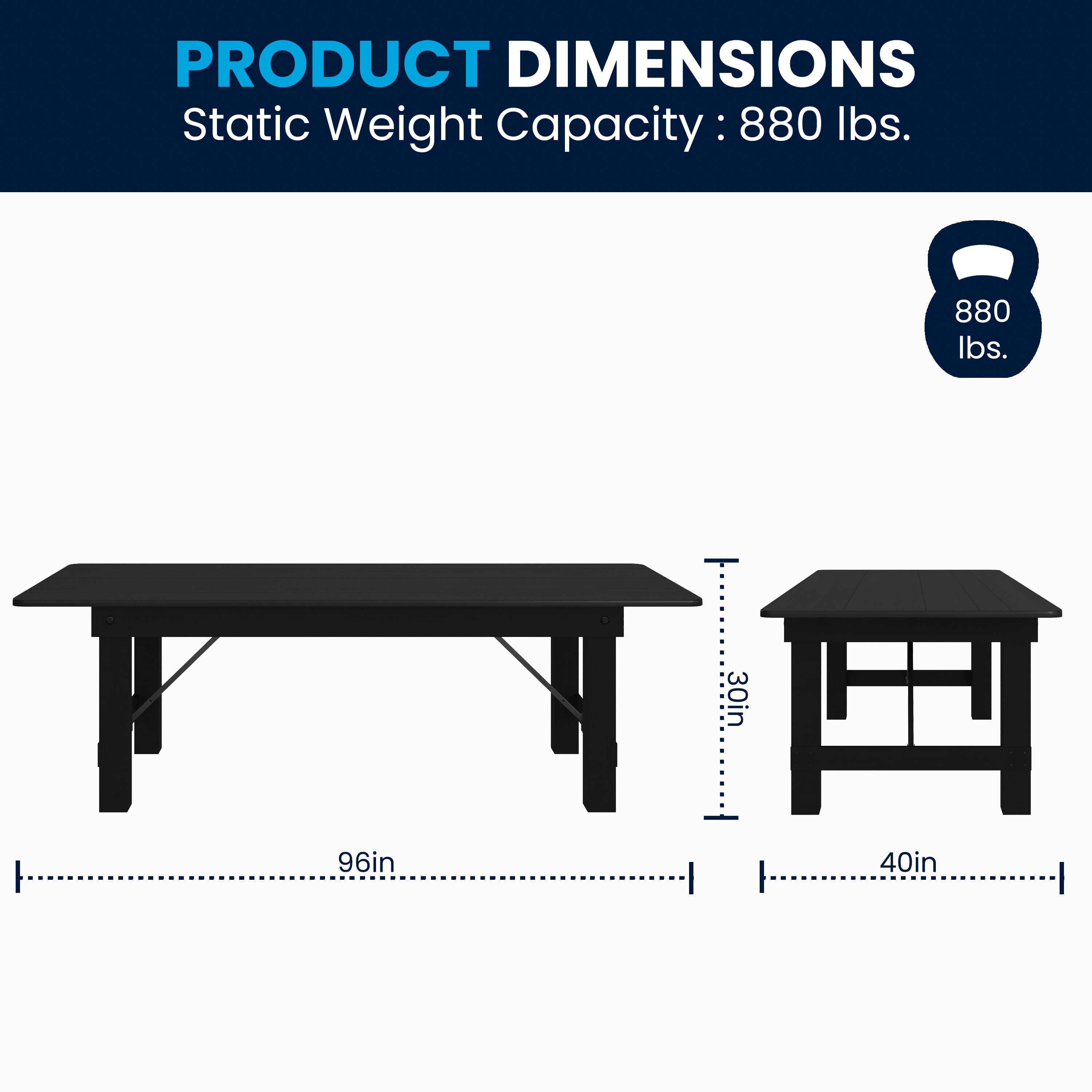 HERCULES 8' x 40" Rectangular Black Wash Commercial Farmhouse Folding Table, Antique Rustic Solid Pine Dining Room Table with Foldable Locking Legs