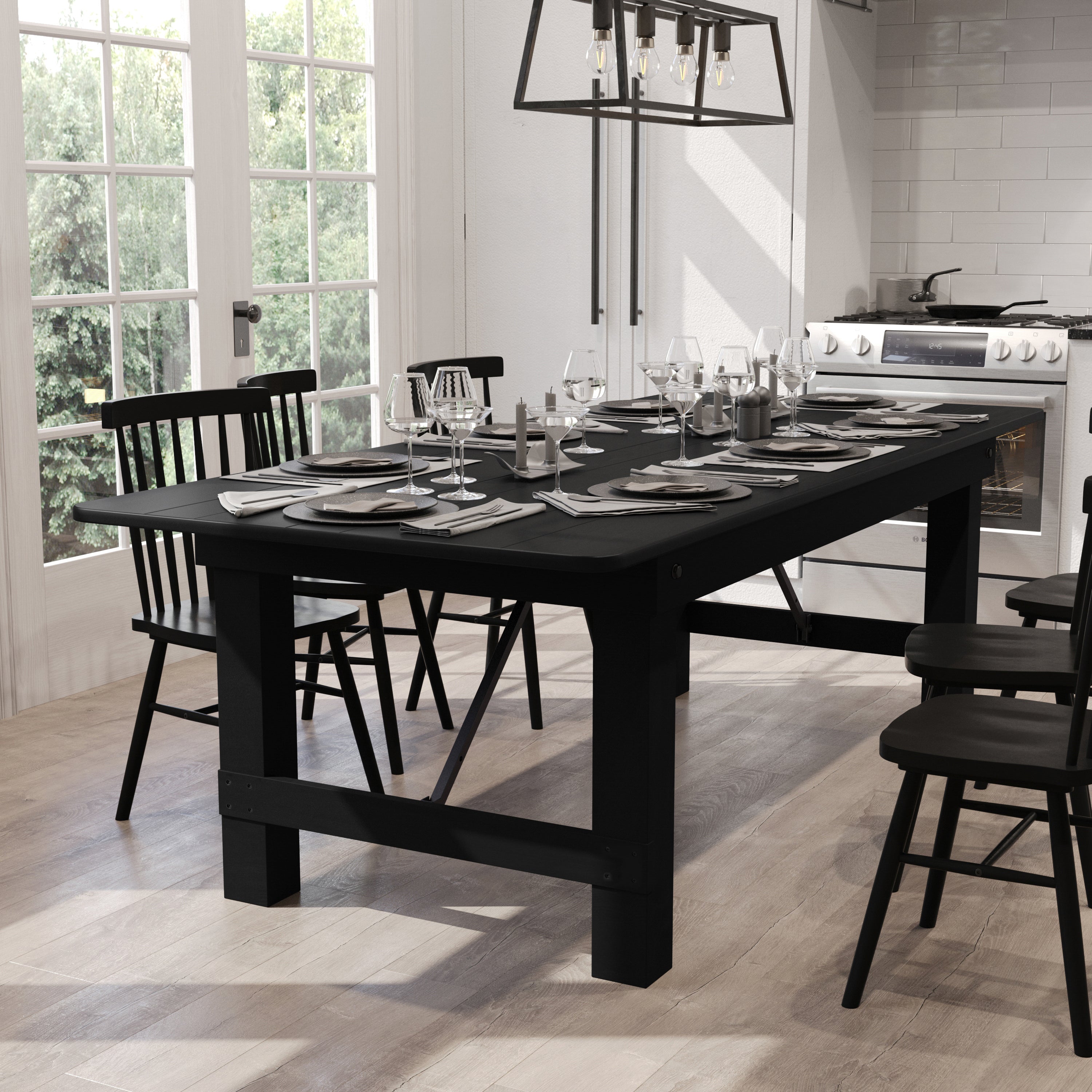 HERCULES 8' x 40" Rectangular Black Wash Commercial Farmhouse Folding Table, Antique Rustic Solid Pine Dining Room Table with Foldable Locking Legs