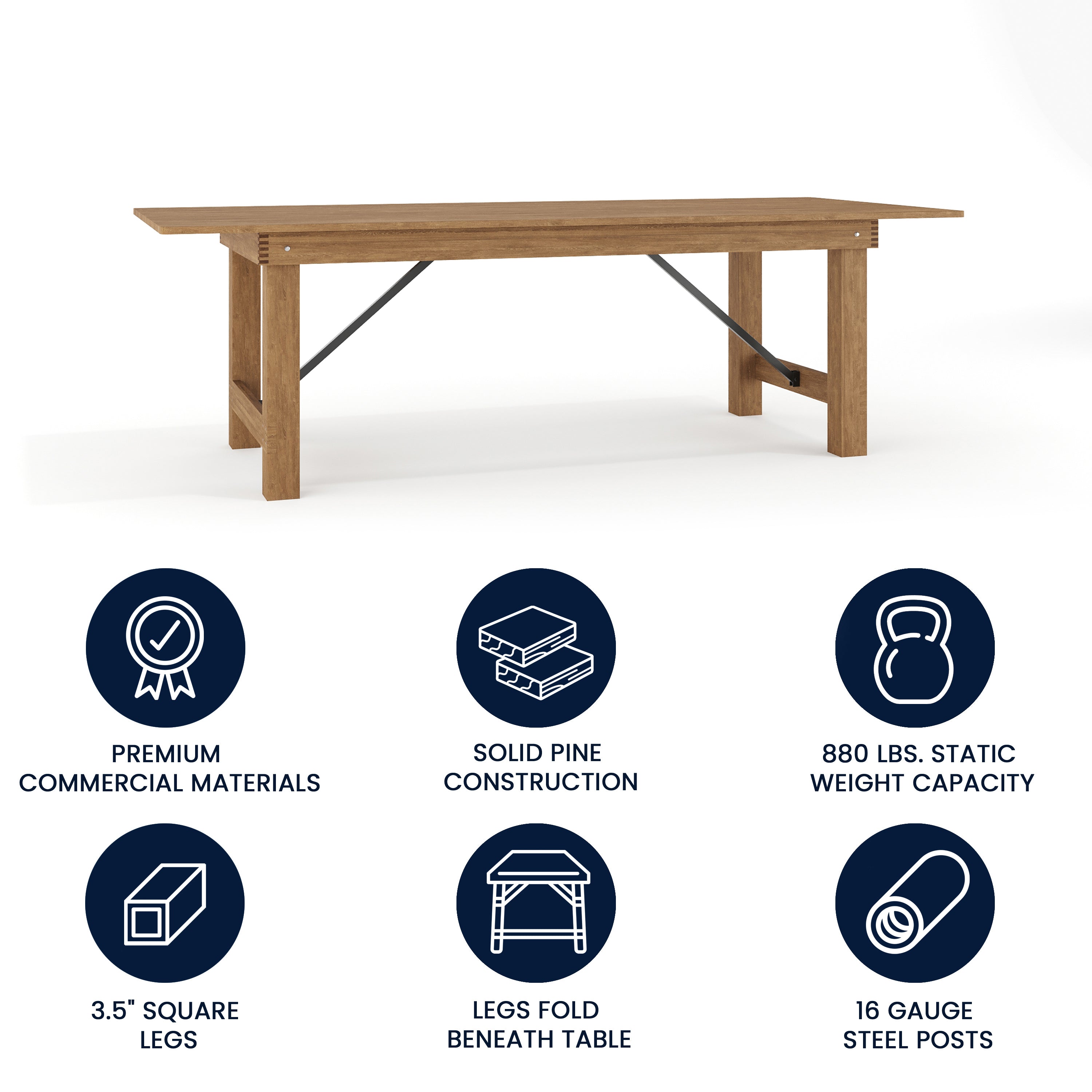 HERCULES Series 8' x 40" Rectangular Antique Rustic Solid Pine Folding Farm Table