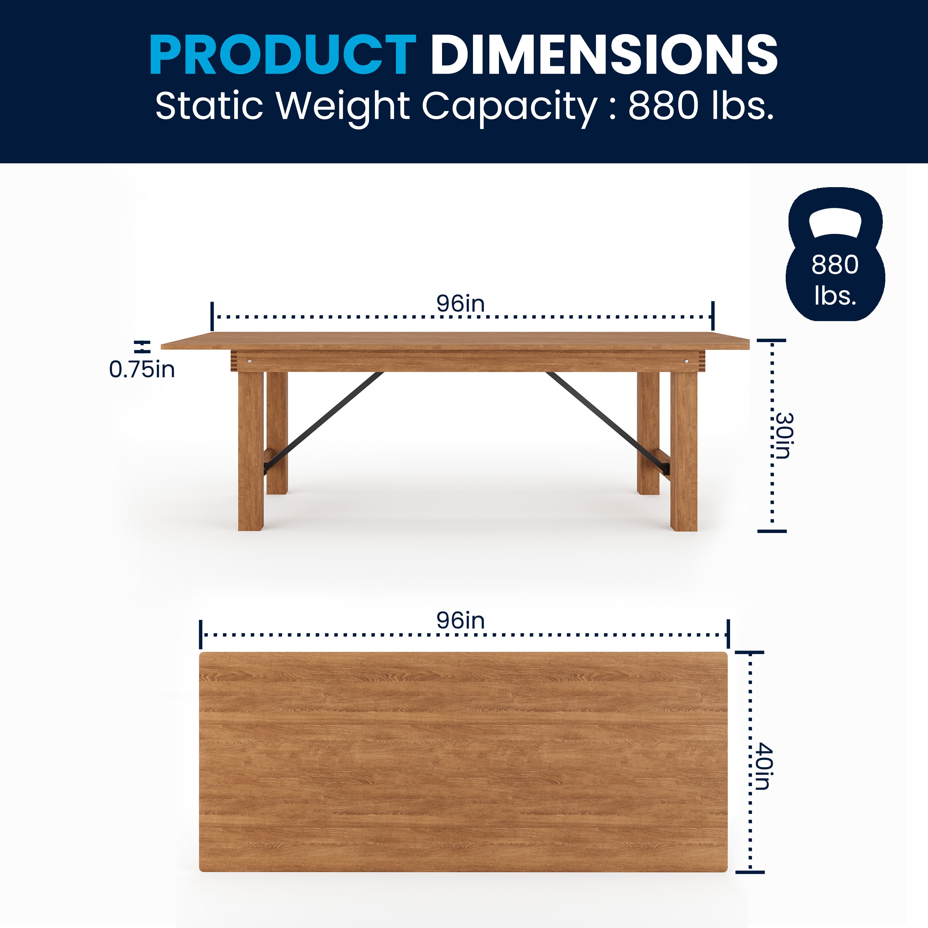 HERCULES Series 8' x 40" Rectangular Antique Rustic Solid Pine Folding Farm Table