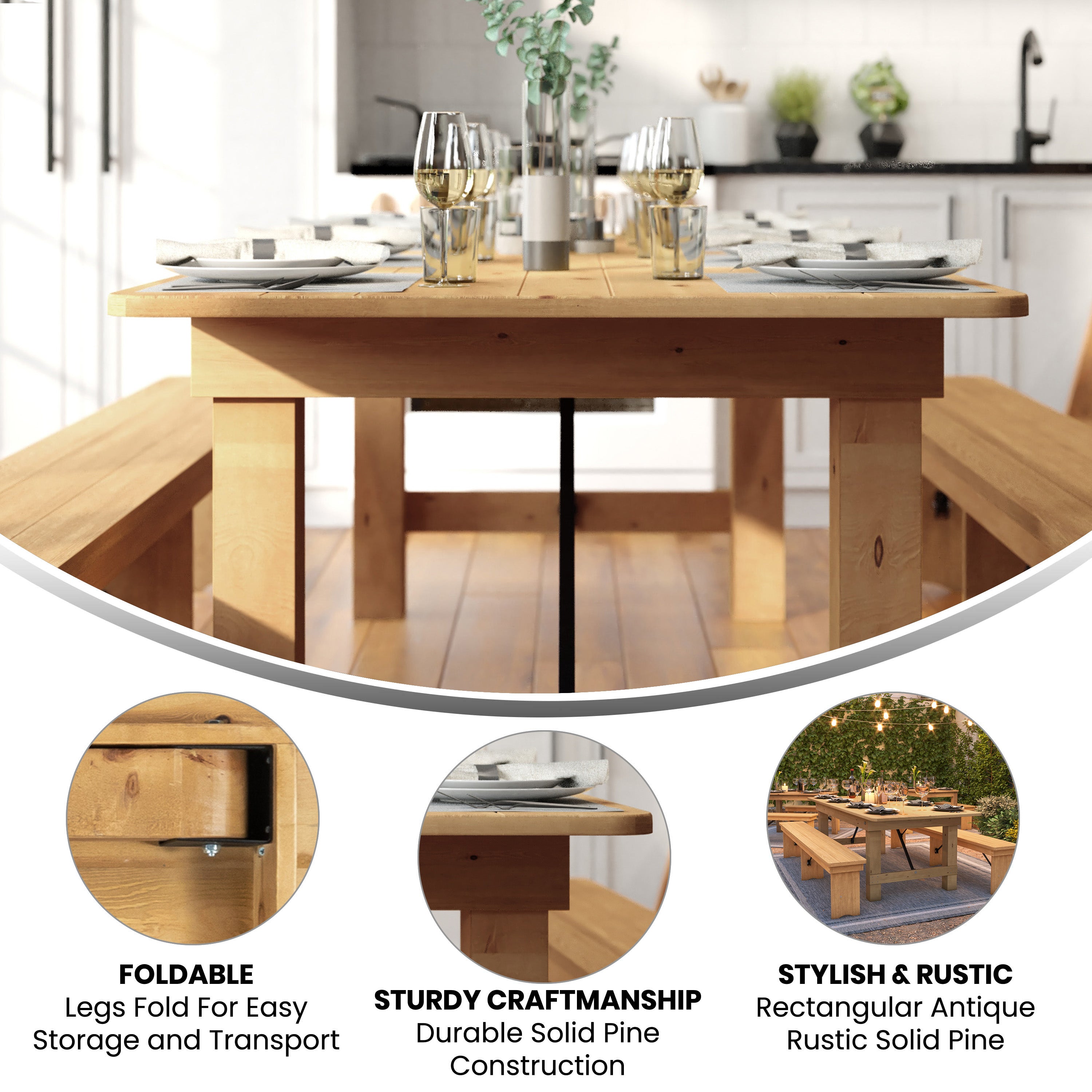 HERCULES 8' x 40" Rectangular Antique Rustic Light Natural Solid Pine Folding Farm Table