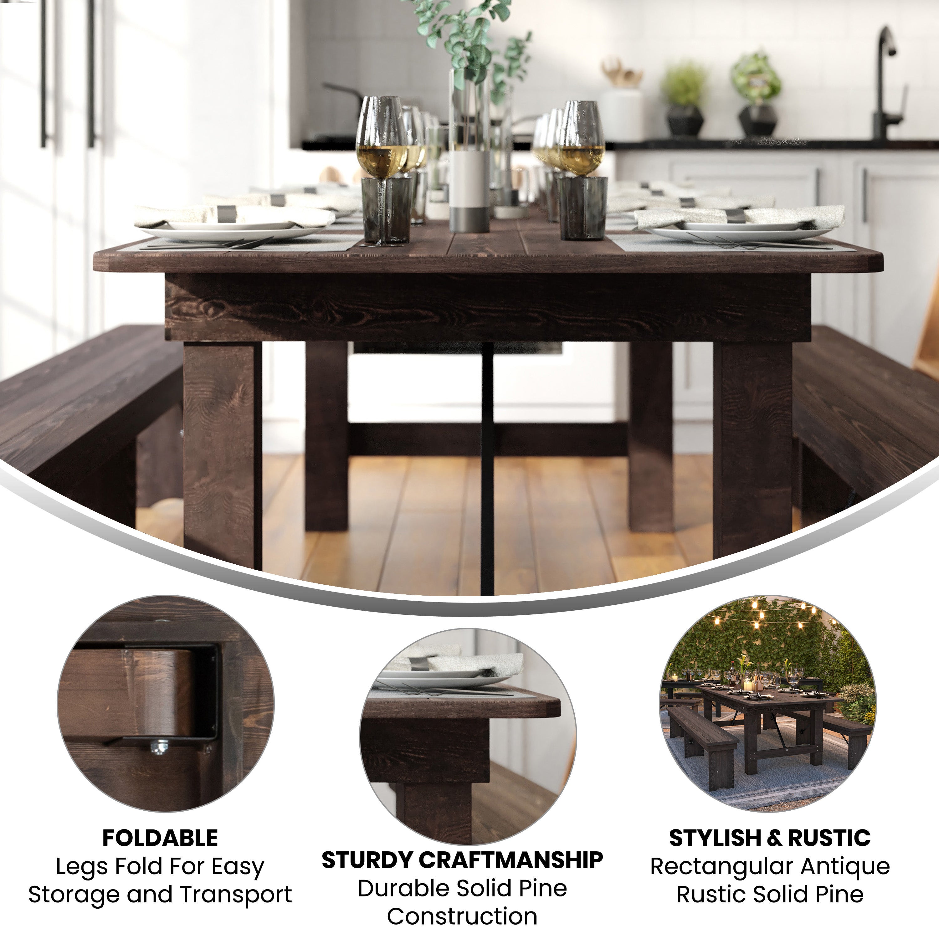 HERCULES 8' x 40" Rectangular Antique Rustic Mahogany Solid Pine Folding Farm Table