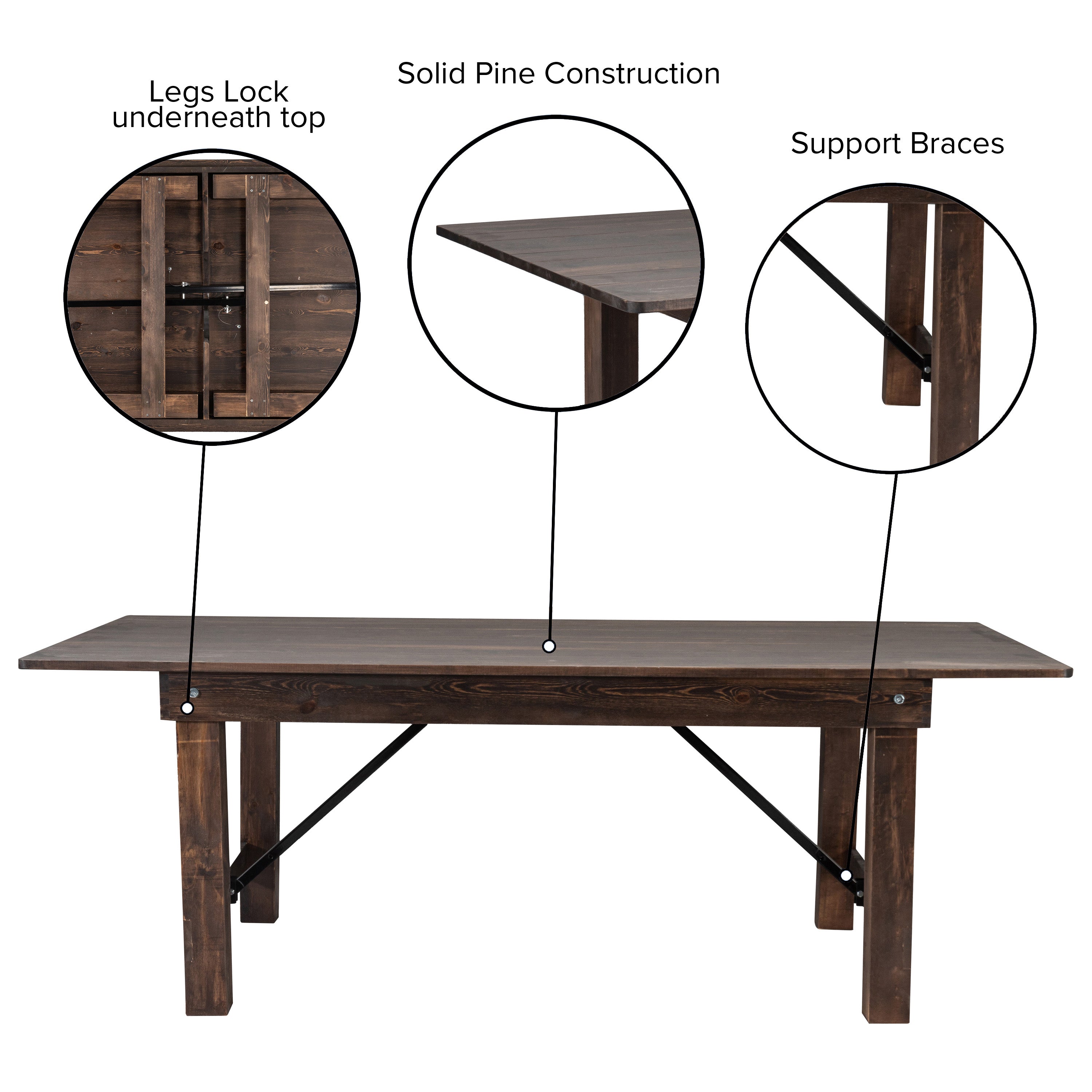HERCULES 8' x 40" Rectangular Antique Rustic Mahogany Solid Pine Folding Farm Table