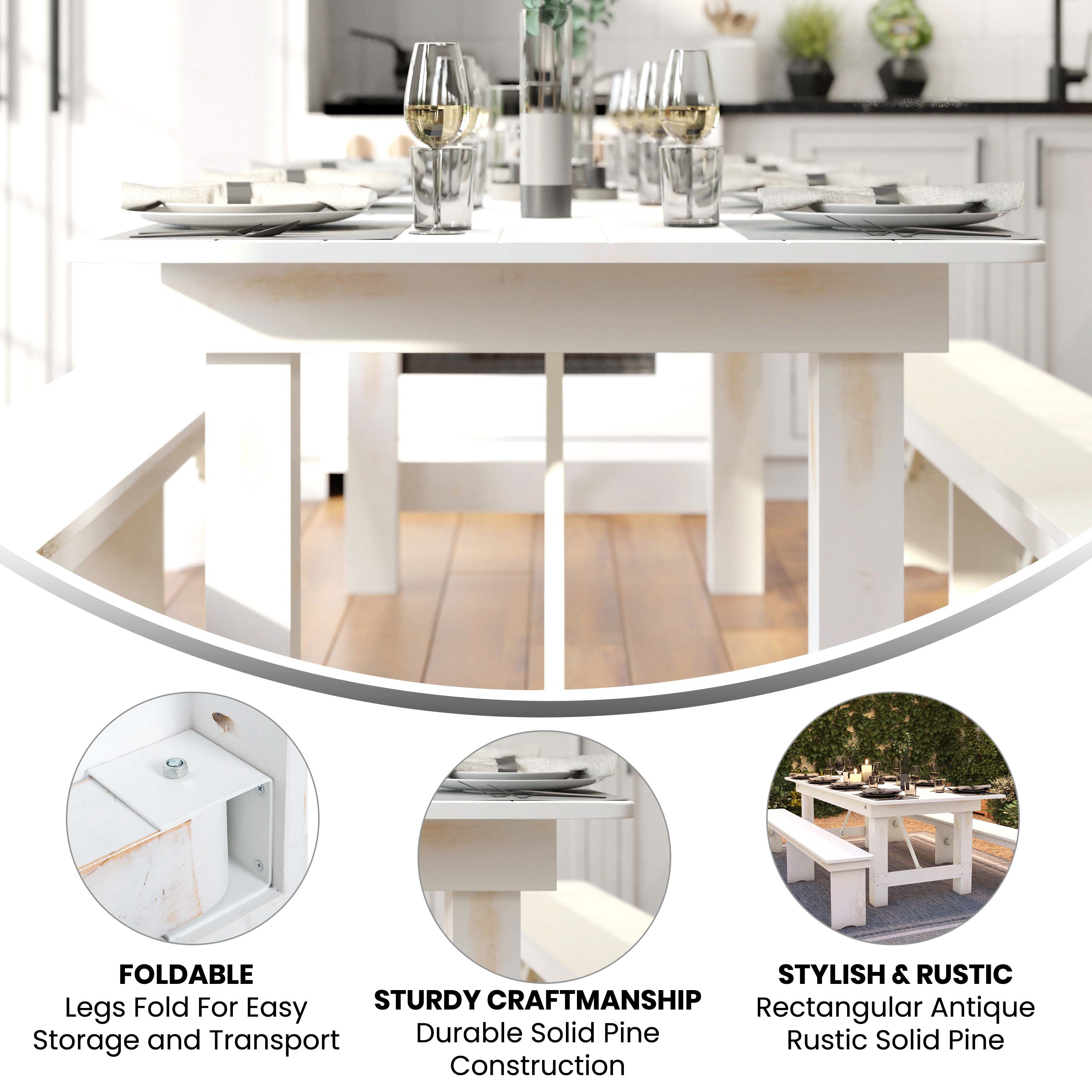 HERCULES Series 8' x 40" Rectangular Antique Rustic White Solid Pine Folding Farm Table