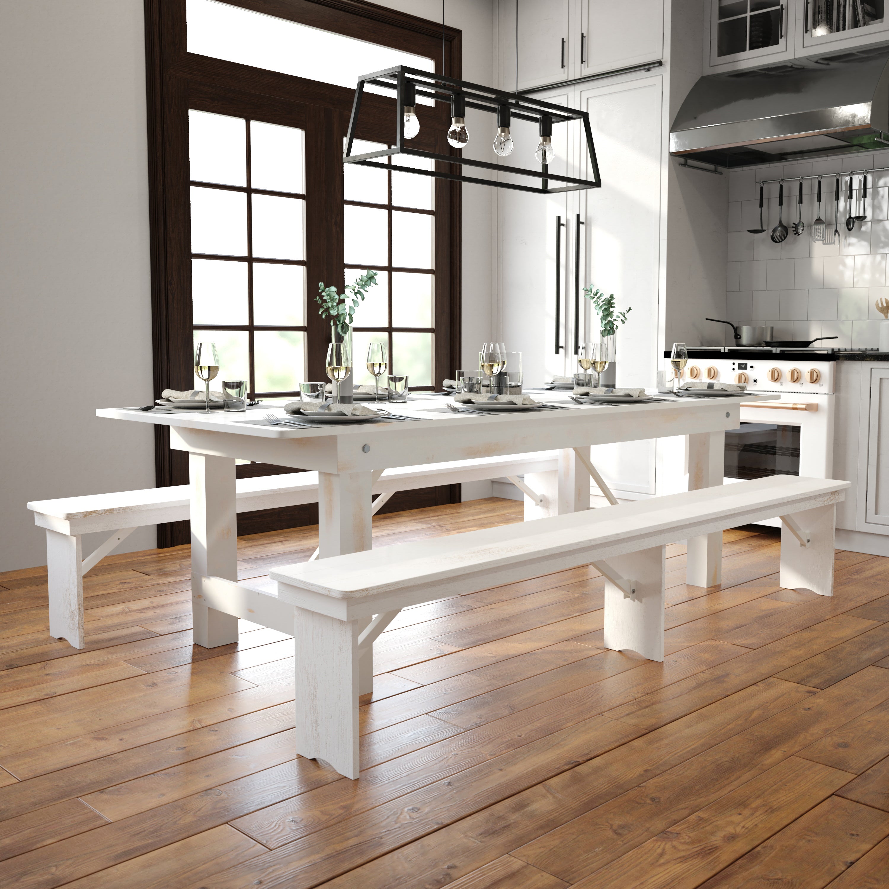 HERCULES Series 8' x 40" Rectangular Antique Rustic White Solid Pine Folding Farm Table