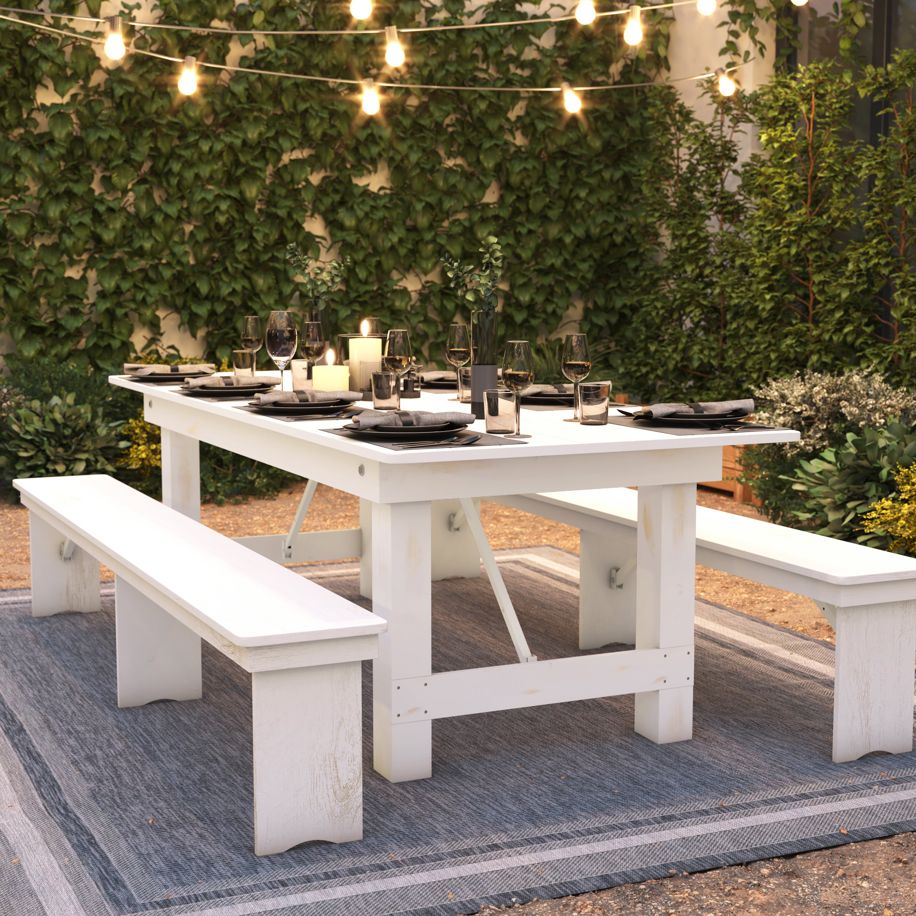 HERCULES Series 8' x 40" Rectangular Antique Rustic White Solid Pine Folding Farm Table