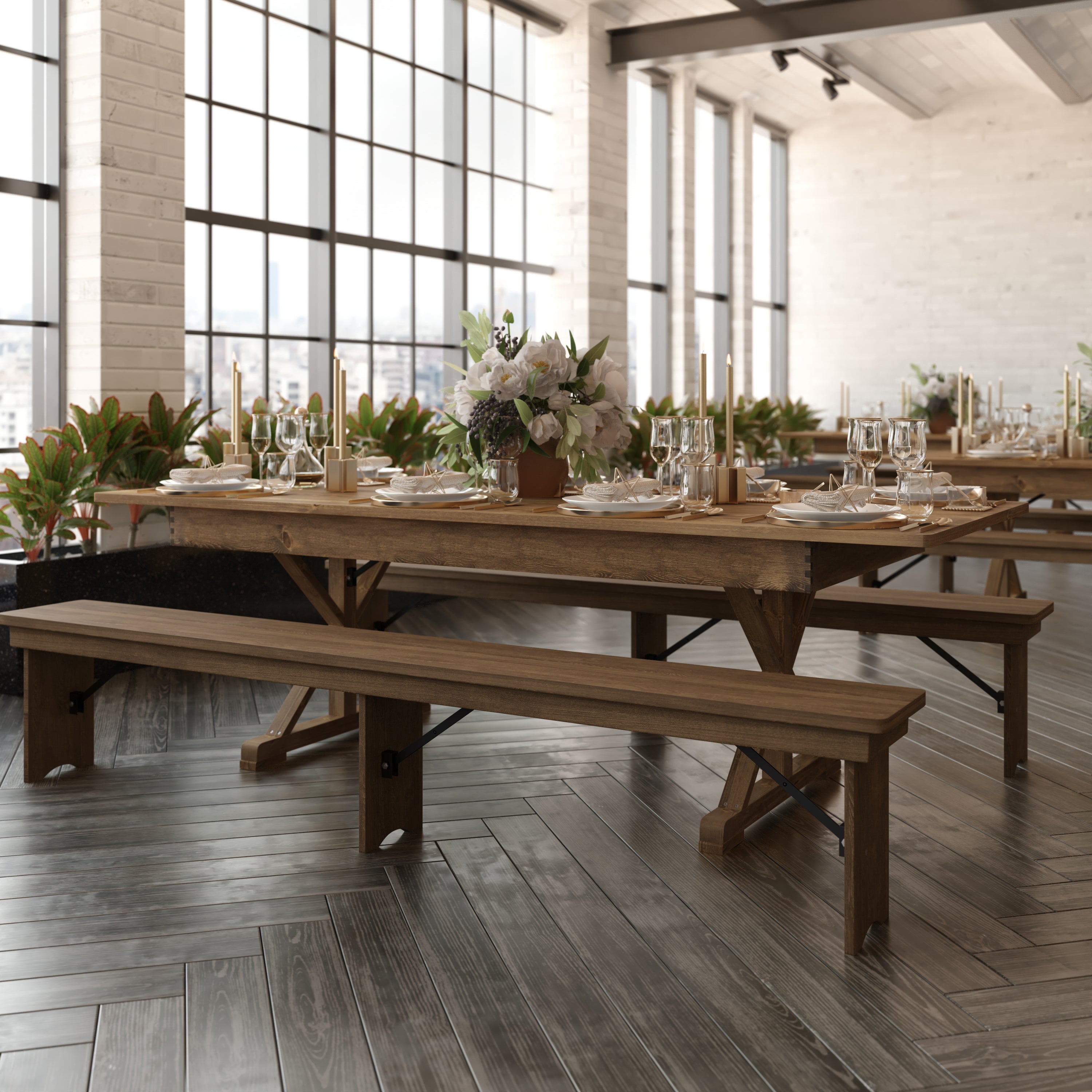 HERCULES 8' x 40" Rectangular Antique Rustic Solid Pine Folding Farm Table with X Legs