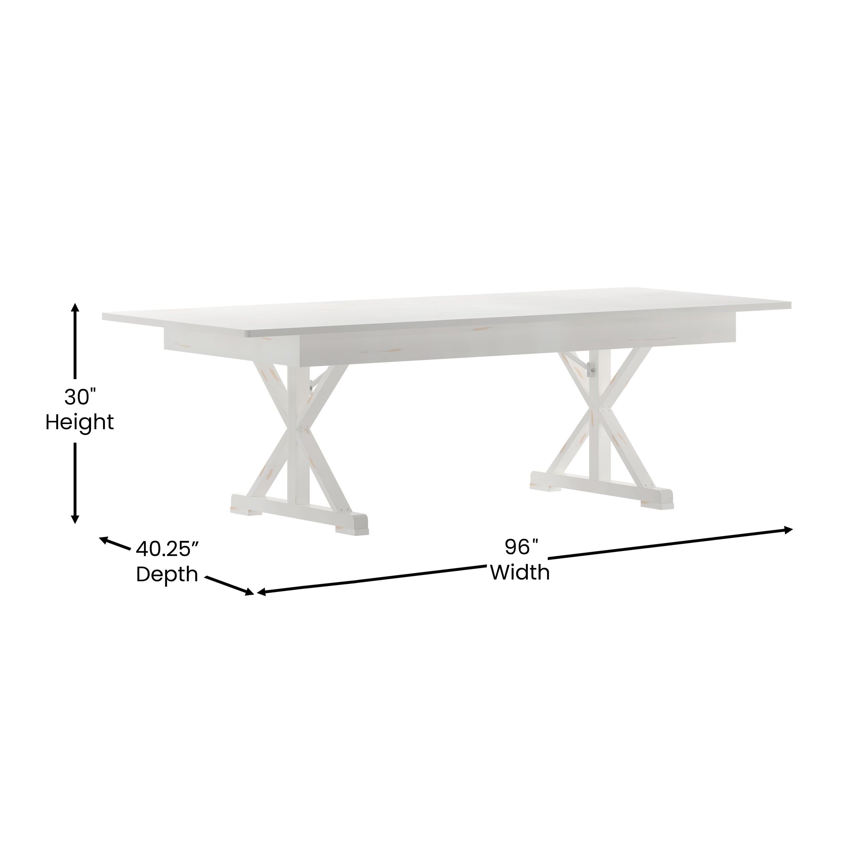 HERCULES 8' x 40" Rectangular Antique Rustic White Solid Pine Folding Farm Table with X Legs