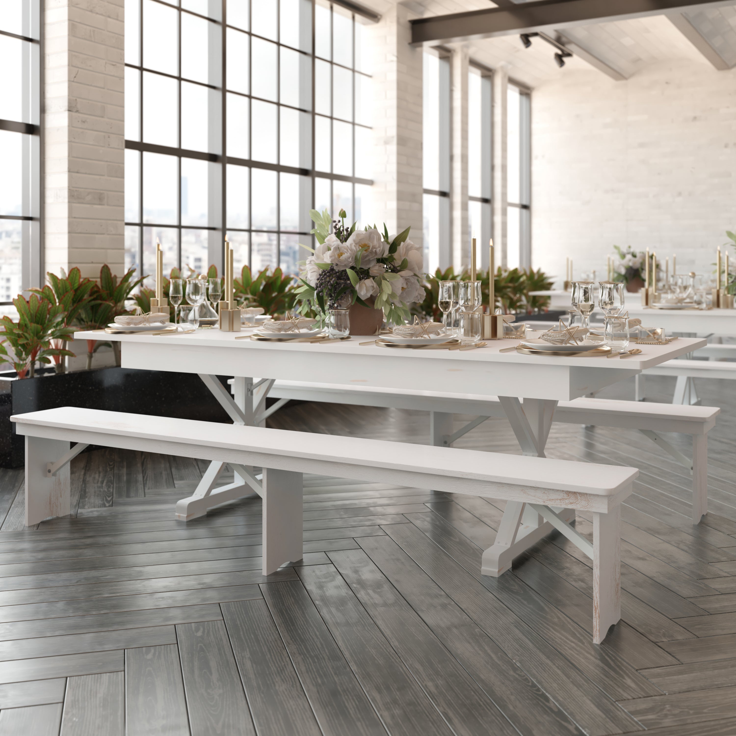 HERCULES 8' x 40" Rectangular Antique Rustic White Solid Pine Folding Farm Table with X Legs