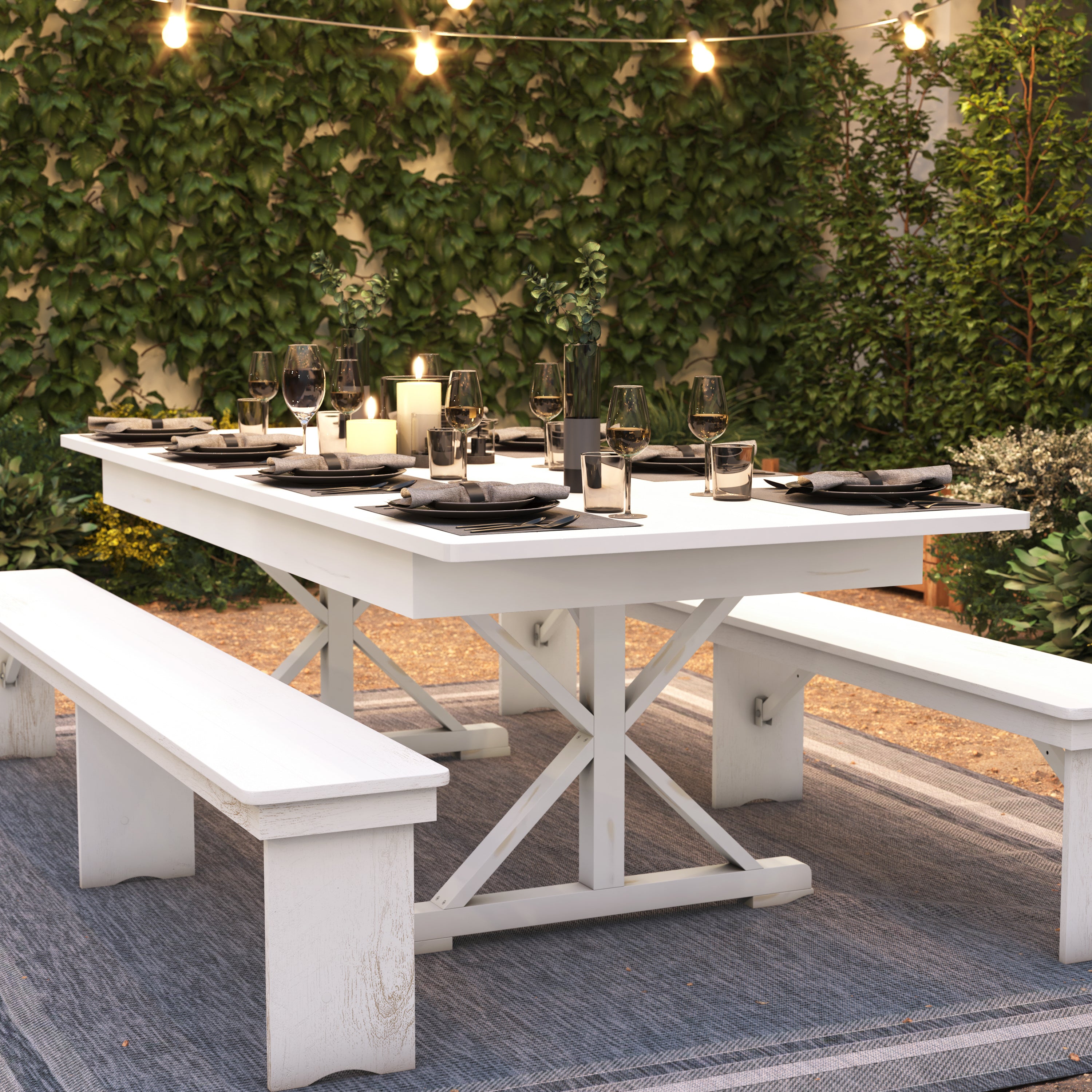 HERCULES 8' x 40" Rectangular Antique Rustic White Solid Pine Folding Farm Table with X Legs
