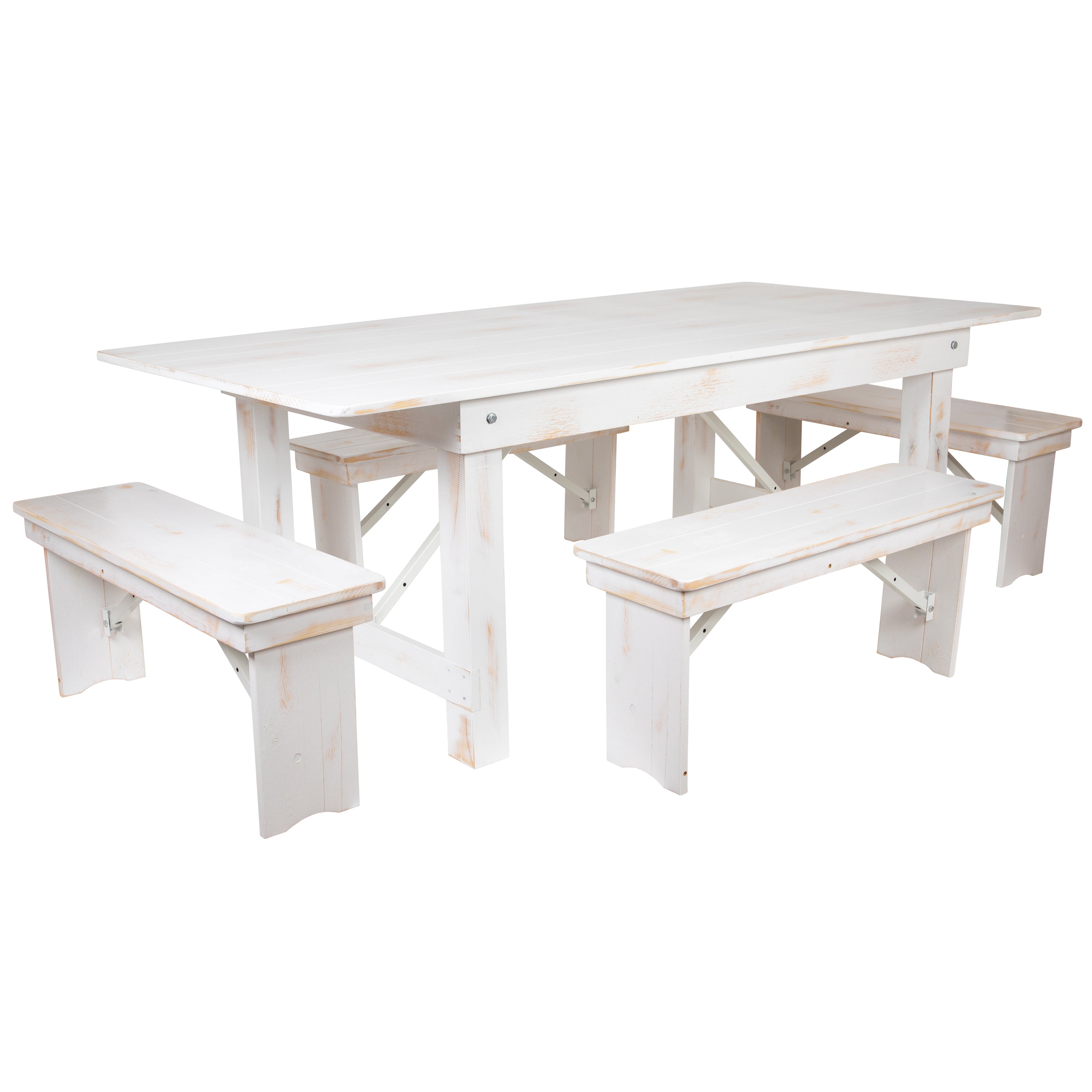 HERCULES Series 7' x 40" Antique Rustic White Folding Farm Table and Four Bench Set