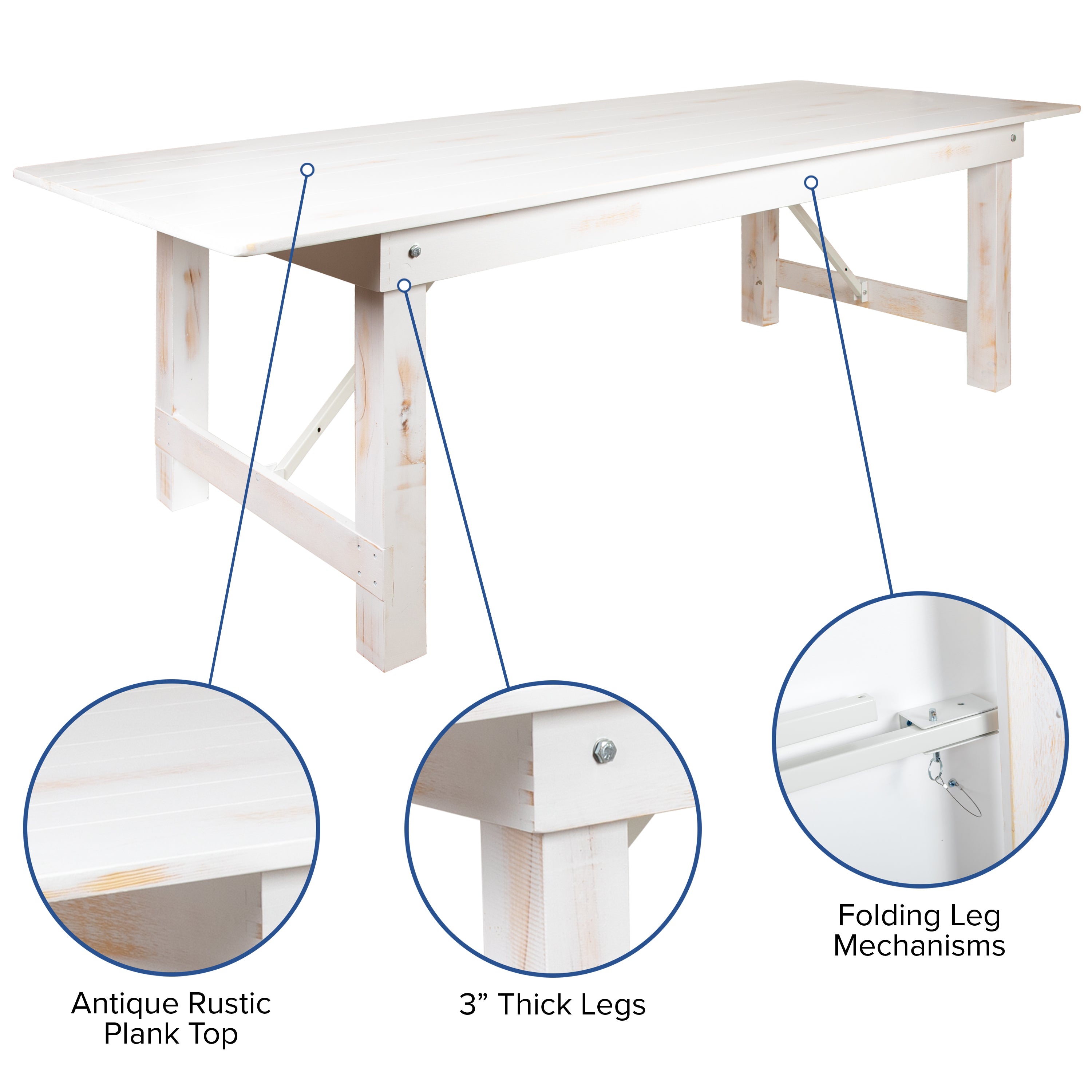 HERCULES Series 7' x 40" Antique Rustic White Folding Farm Table and Four Bench Set