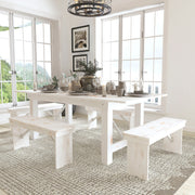 HERCULES Series 7' x 40" Antique Rustic White Folding Farm Table and Four Bench Set