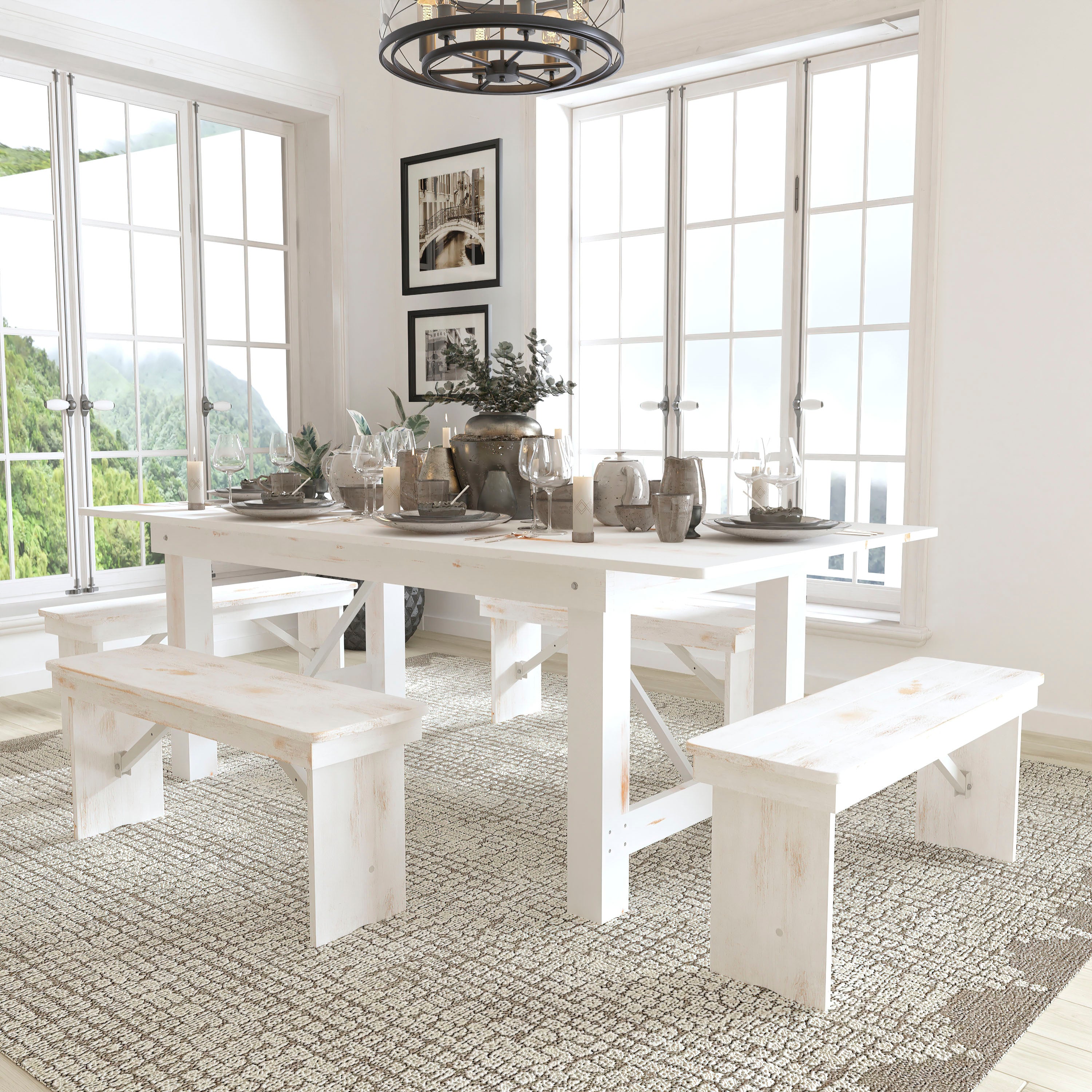 HERCULES Series 7' x 40" Antique Rustic White Folding Farm Table and Four Bench Set