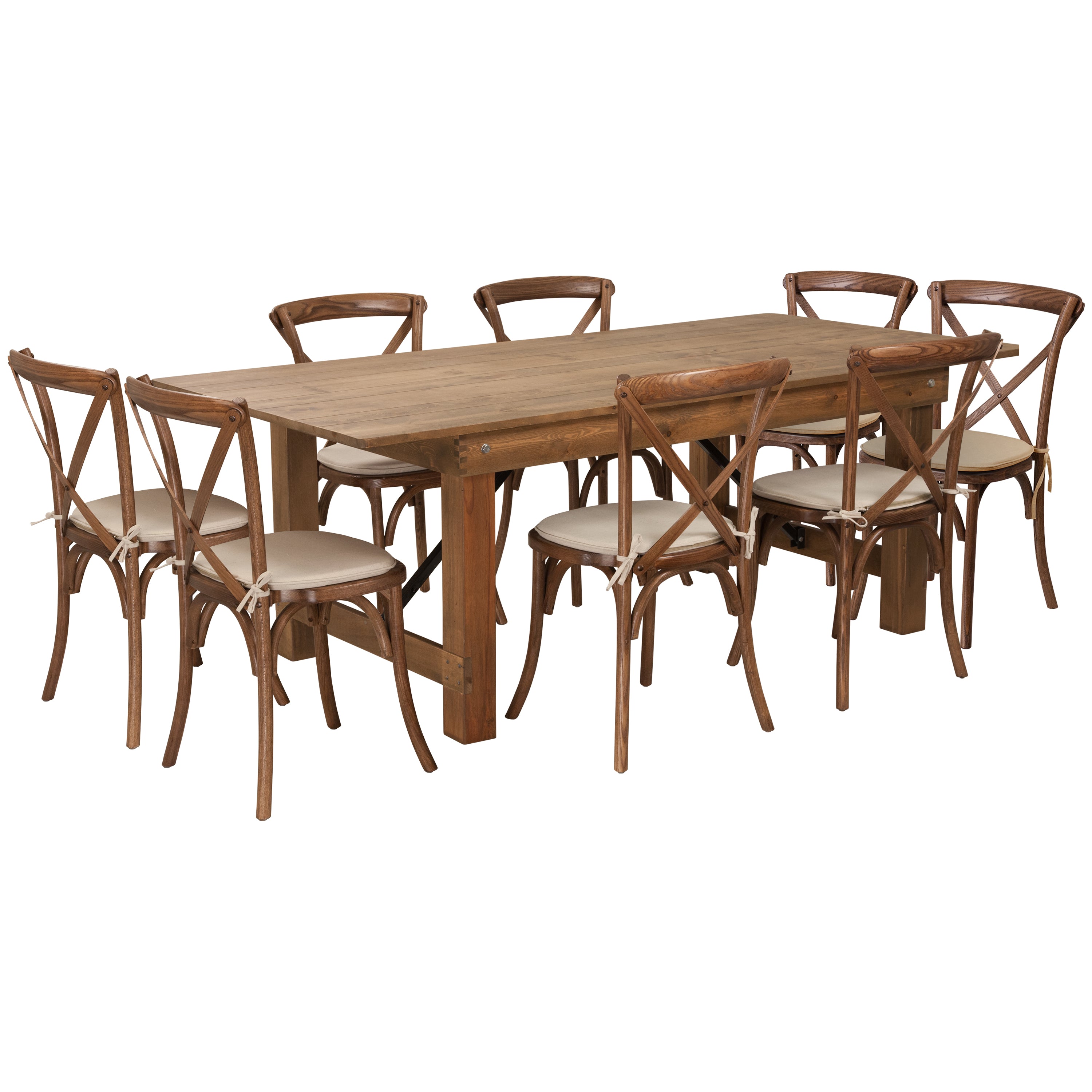 HERCULES Series 7' x 40'' Antique Rustic Folding Farm Table Set with 8 Cross Back Chairs and Cushions