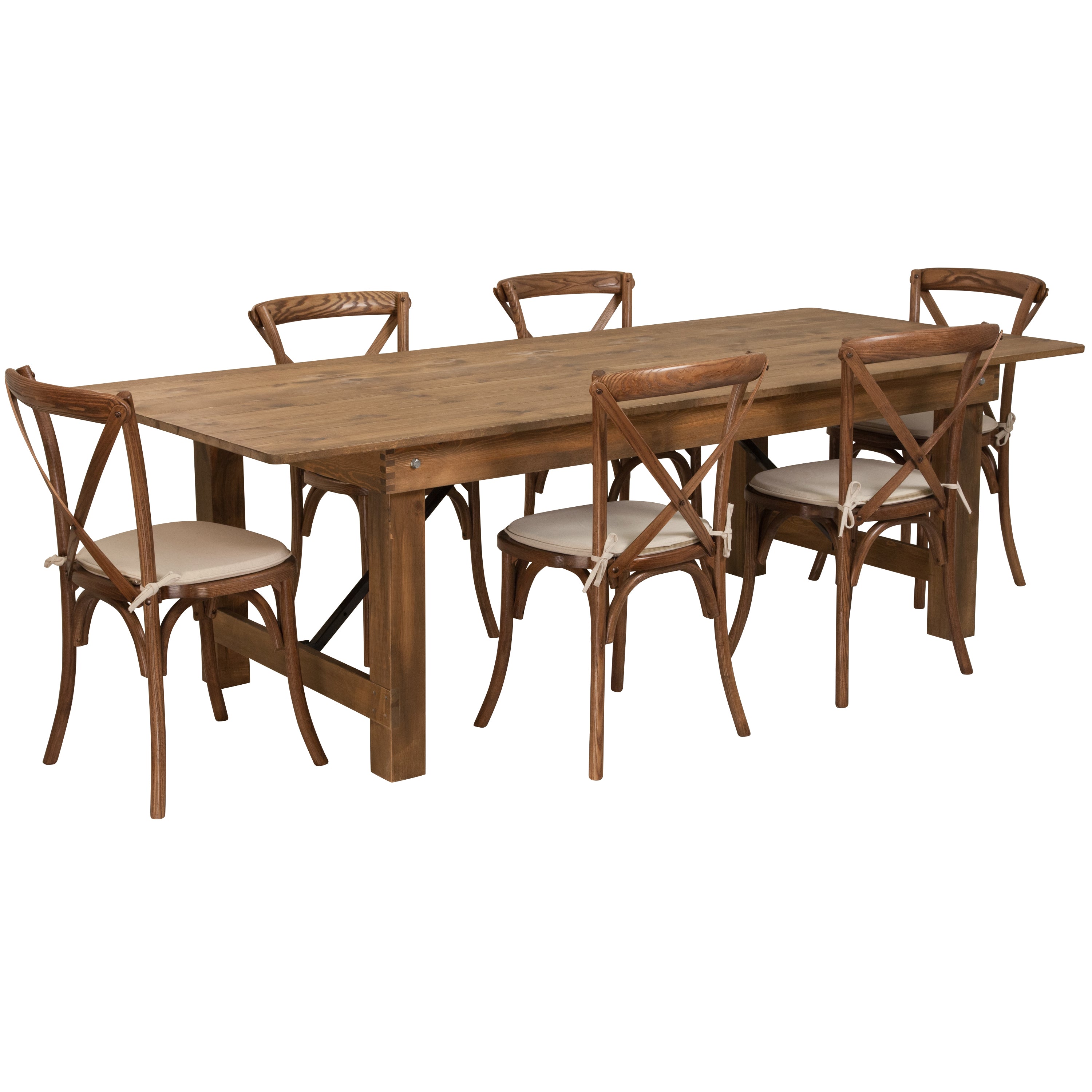 HERCULES Series 8' x 40'' Antique Rustic Folding Farm Table Set with 6 Cross Back Chairs and Cushions