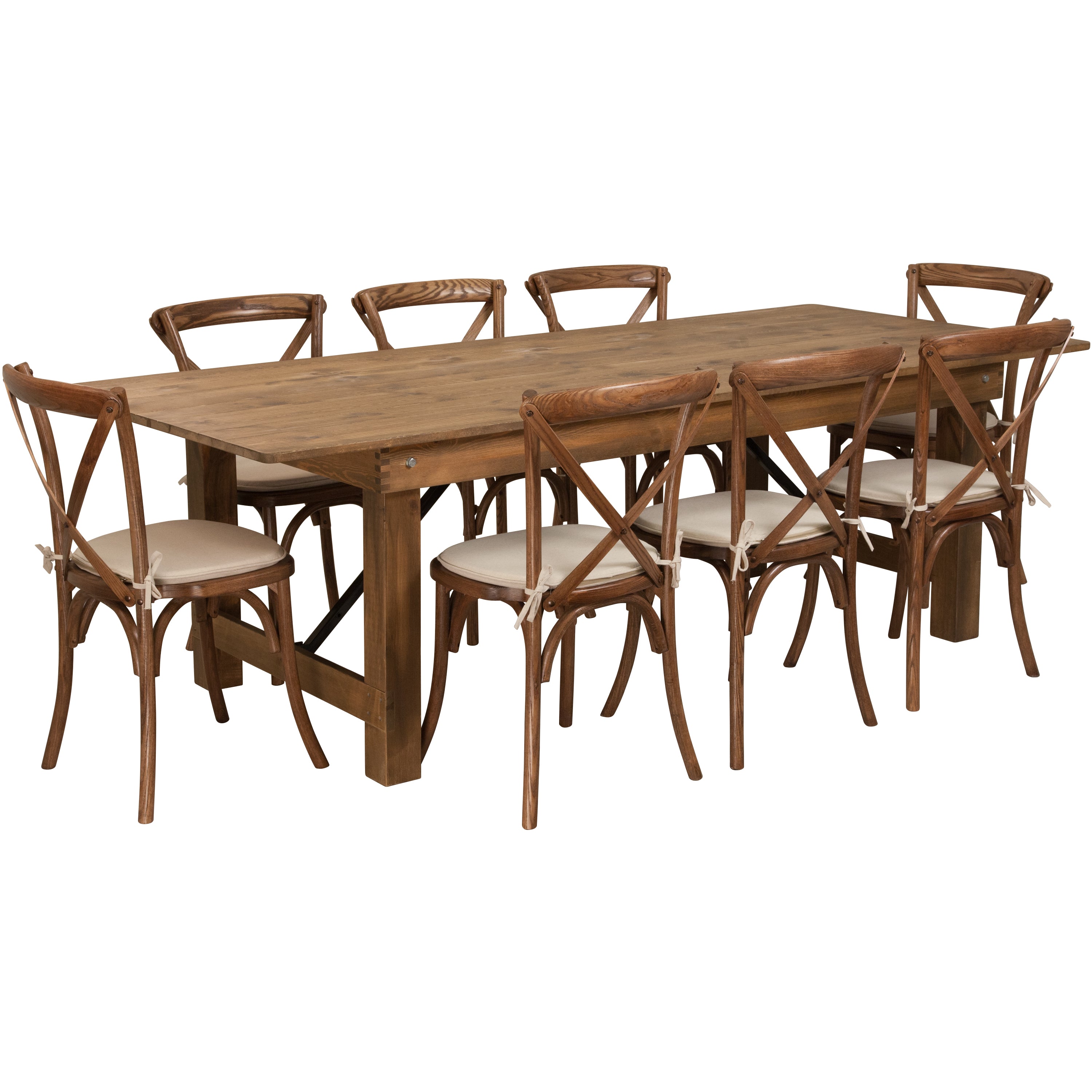 HERCULES Series 8' x 40'' Antique Rustic Folding Farm Table Set with 8 Cross Back Chairs and Cushions