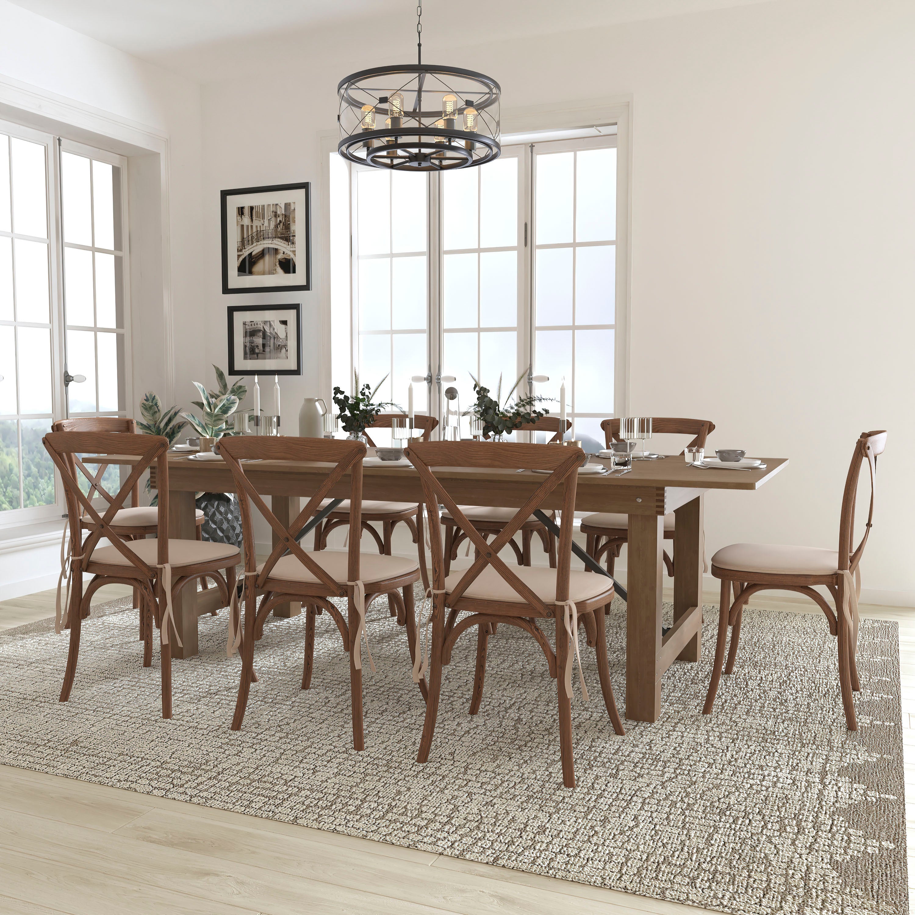 HERCULES Series 8' x 40'' Antique Rustic Folding Farm Table Set with 8 Cross Back Chairs and Cushions