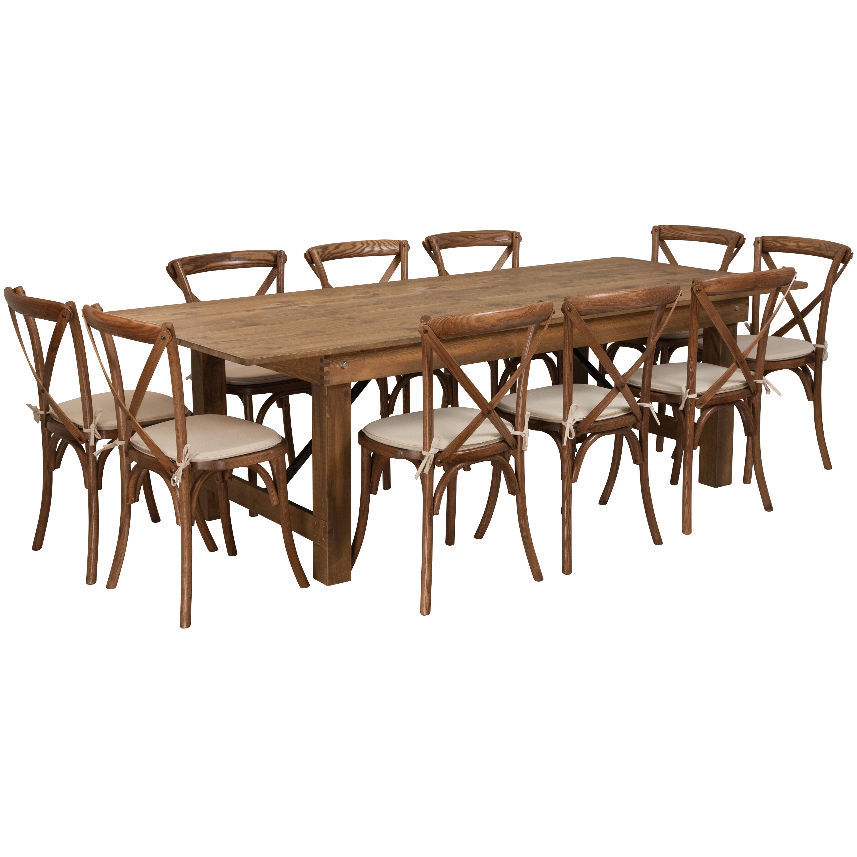 HERCULES Series 8' x 40'' Antique Rustic Folding Farm Table Set with 10 Cross Back Chairs and Cushions