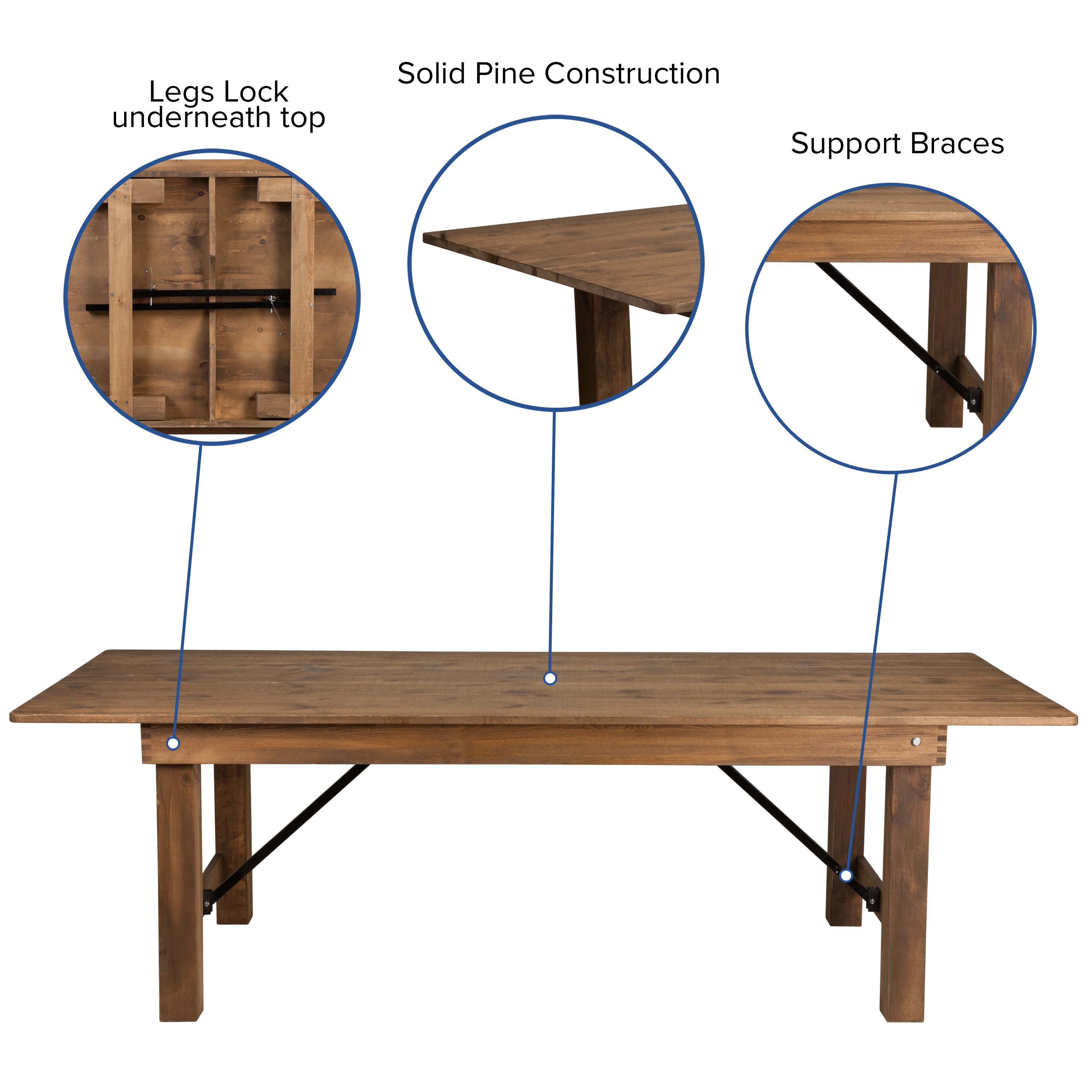 HERCULES Series 8' x 40'' Antique Rustic Folding Farm Table Set with 10 Cross Back Chairs and Cushions