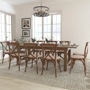 HERCULES Series 8' x 40'' Antique Rustic Folding Farm Table Set with 10 Cross Back Chairs and Cushions