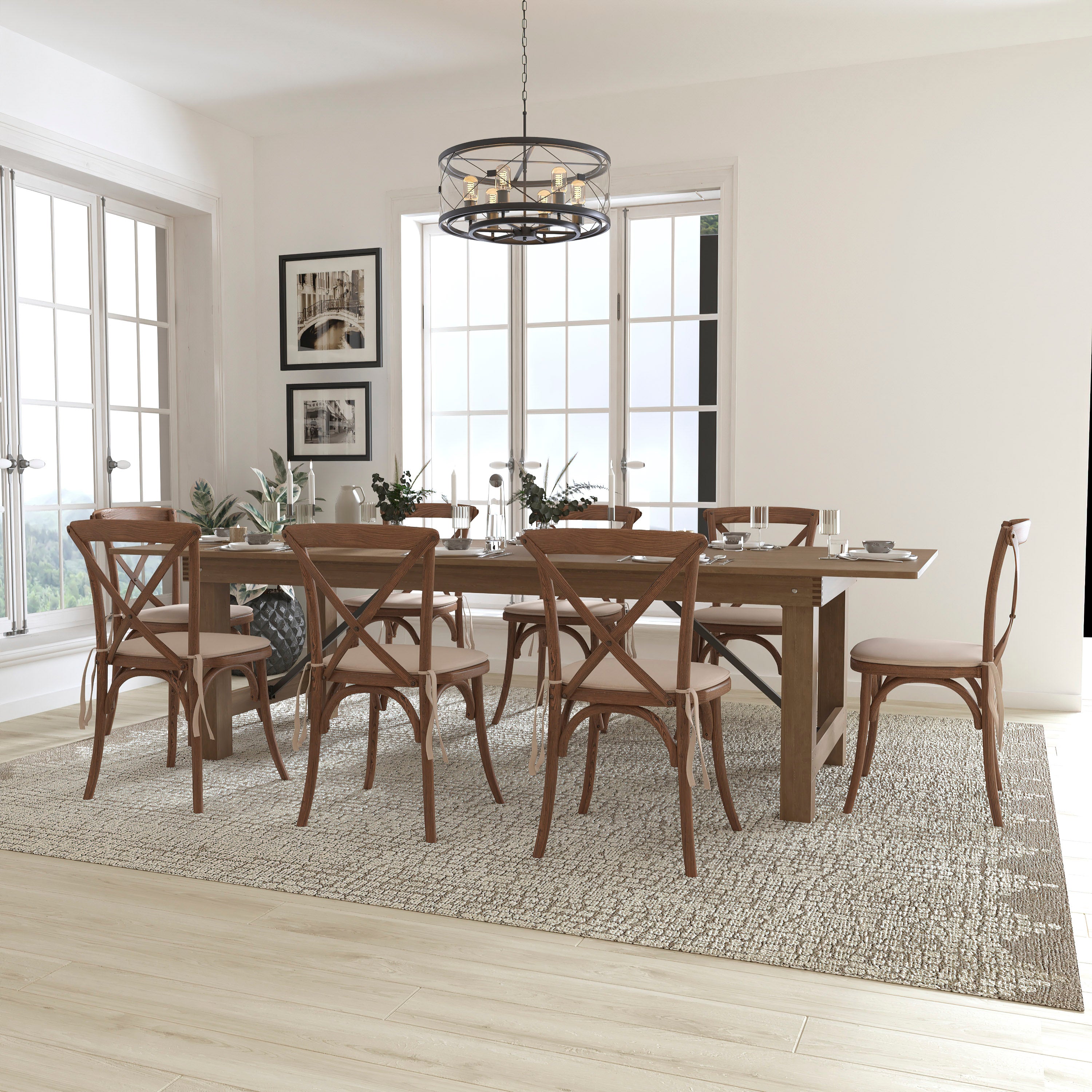 HERCULES Series 9' x 40'' Antique Rustic Folding Farm Table Set with 8 Cross Back Chairs and Cushions