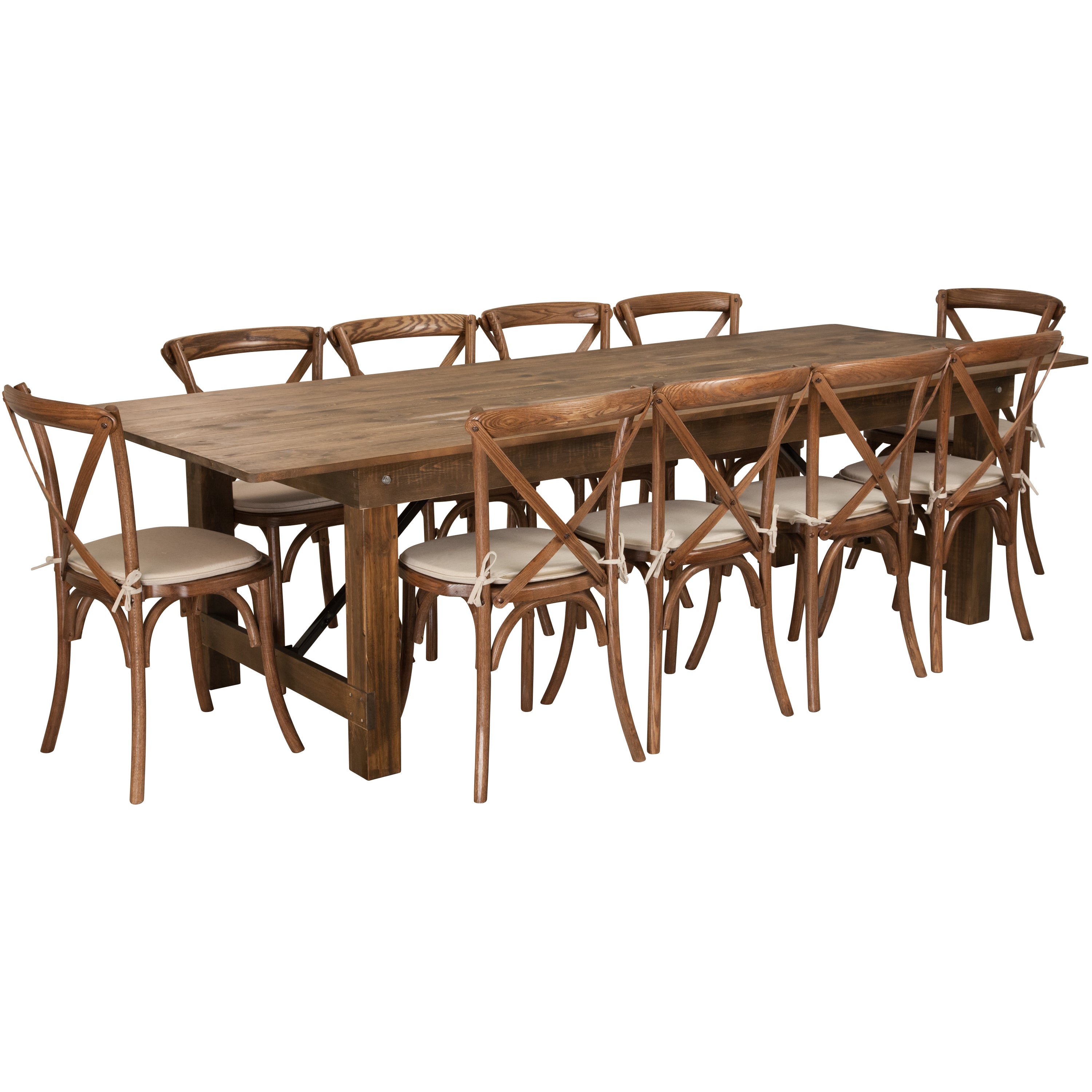 HERCULES Series 9' x 40'' Antique Rustic Folding Farm Table Set with 10 Cross Back Chairs and Cushions