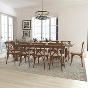 HERCULES Series 9' x 40'' Antique Rustic Folding Farm Table Set with 10 Cross Back Chairs and Cushions