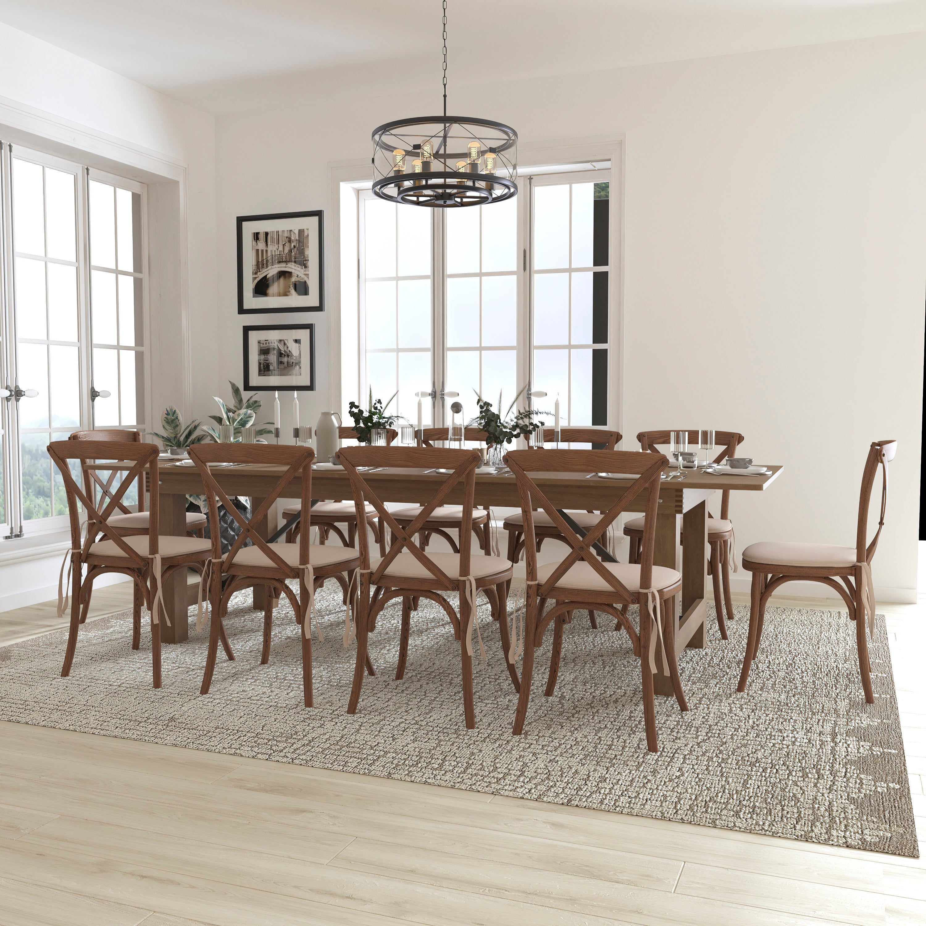 HERCULES Series 9' x 40'' Antique Rustic Folding Farm Table Set with 10 Cross Back Chairs and Cushions