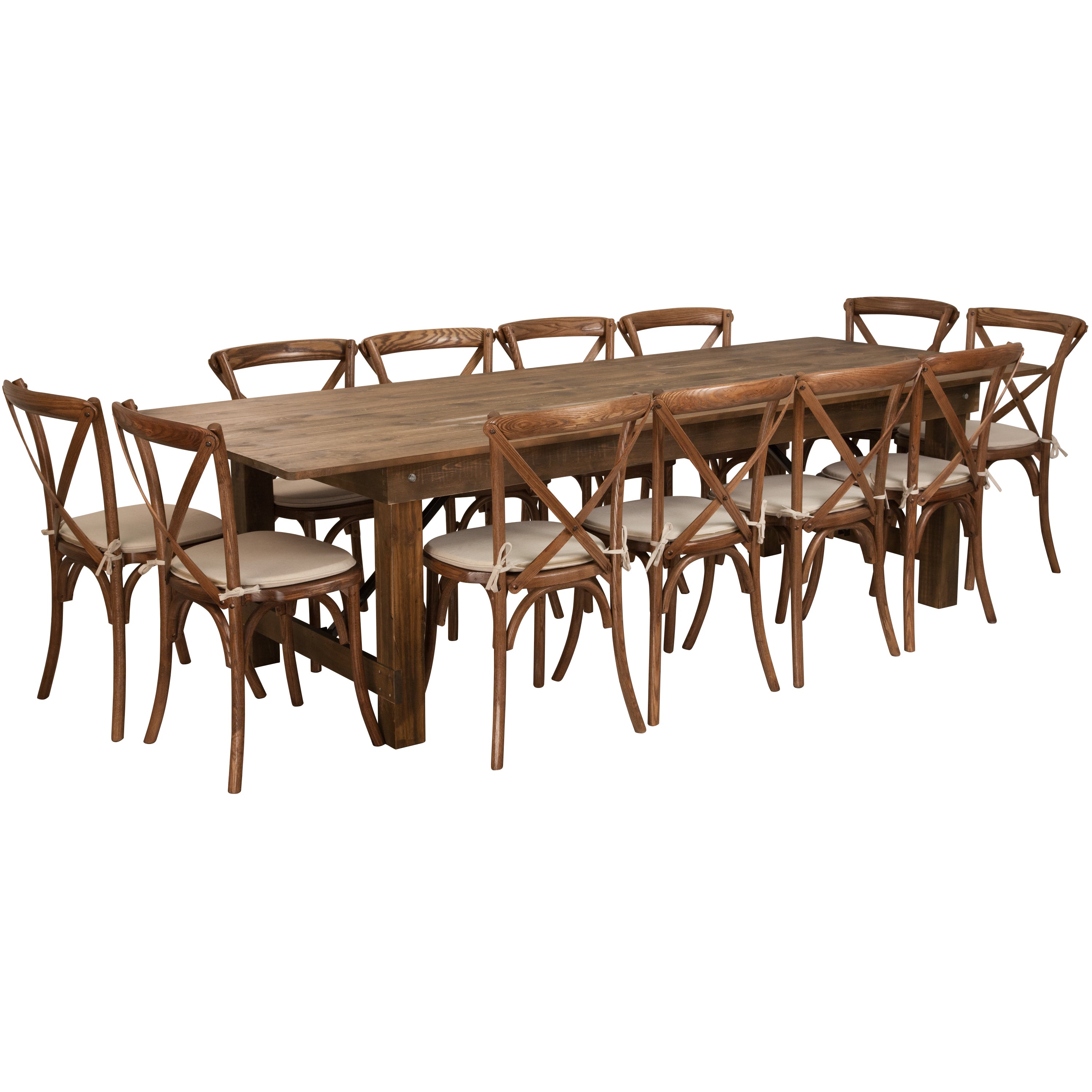 HERCULES Series 9' x 40'' Antique Rustic Folding Farm Table Set with 12 Cross Back Chairs and Cushions